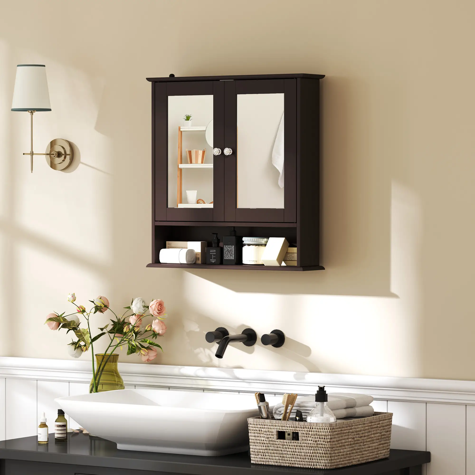 Wall-Mounted Medicine Cabinet, Double Doors, Open Shelf, Adjustable, Dark Brown - Image 2