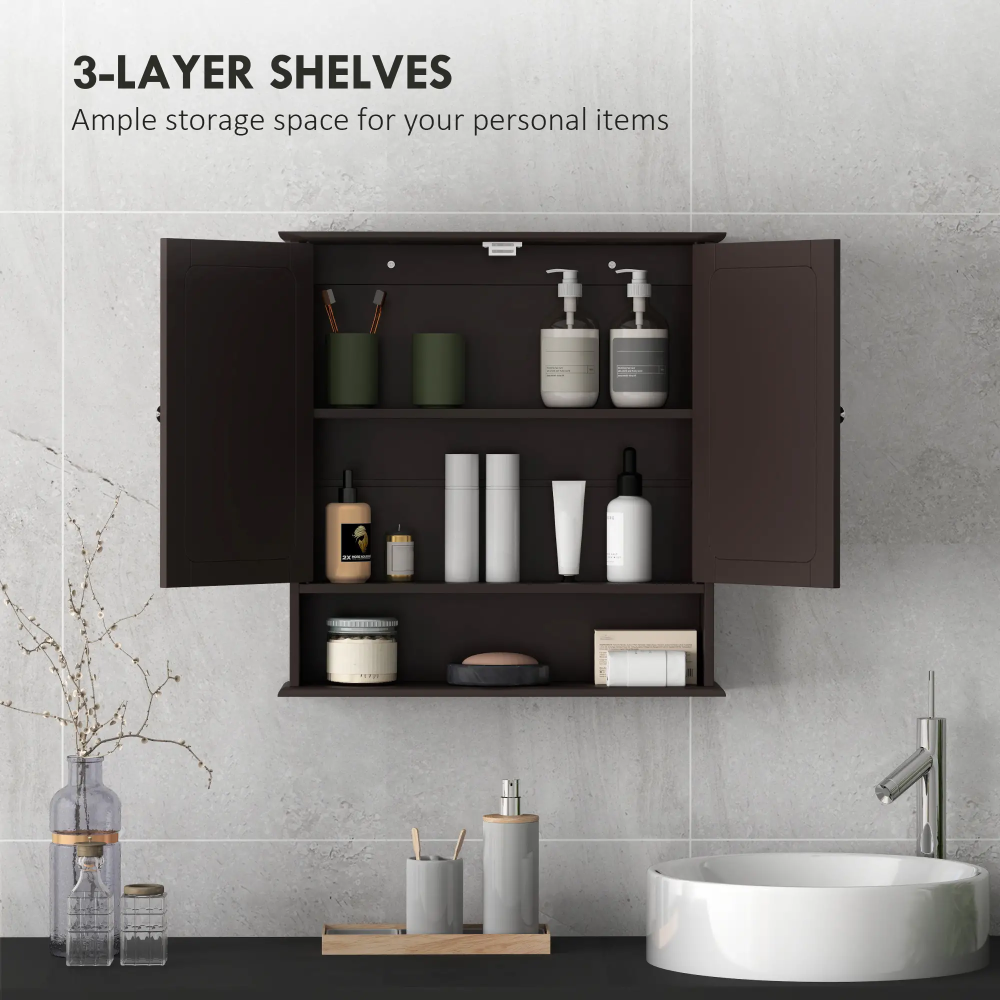 Wall-Mounted Medicine Cabinet, Double Doors, Open Shelf, Adjustable, Dark Brown - Image 4
