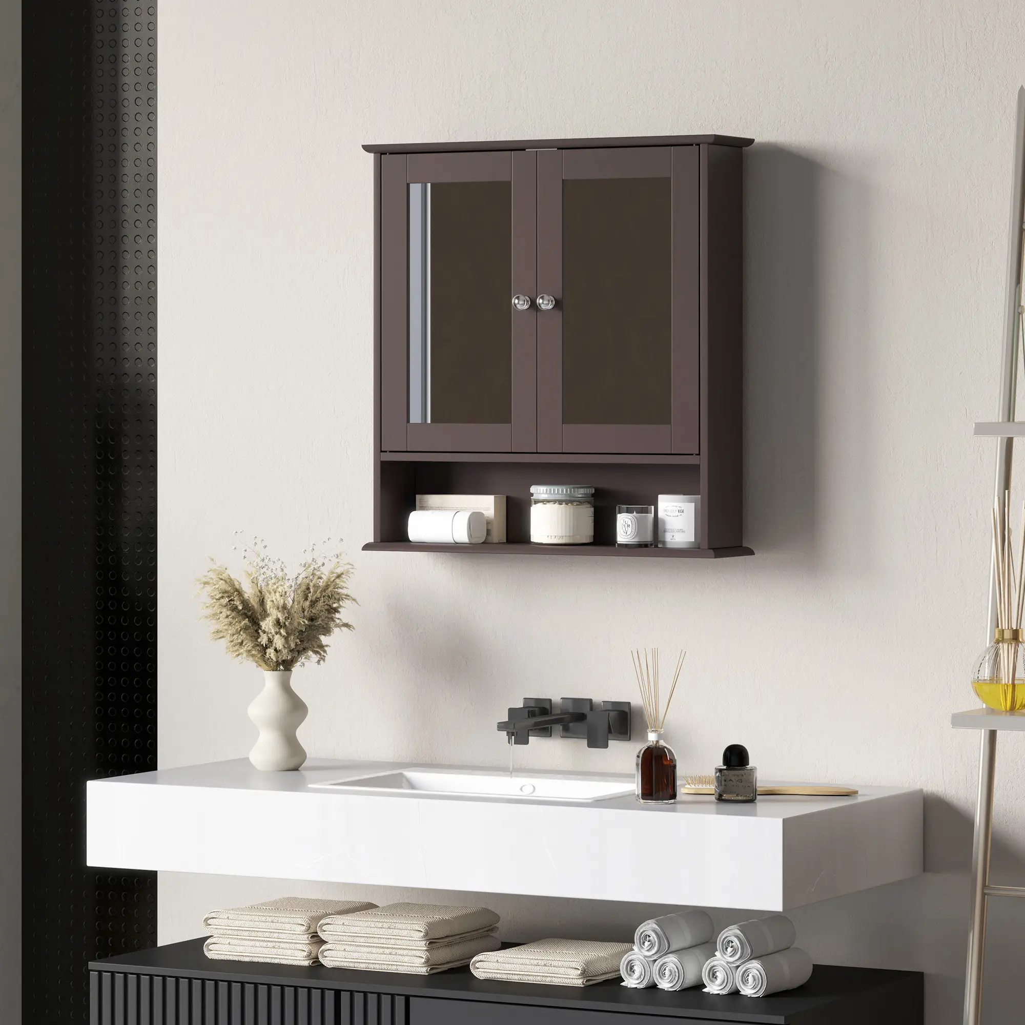 Wall-Mounted Medicine Cabinet, Double Doors, Open Shelf, Adjustable, Dark Brown - Image 7