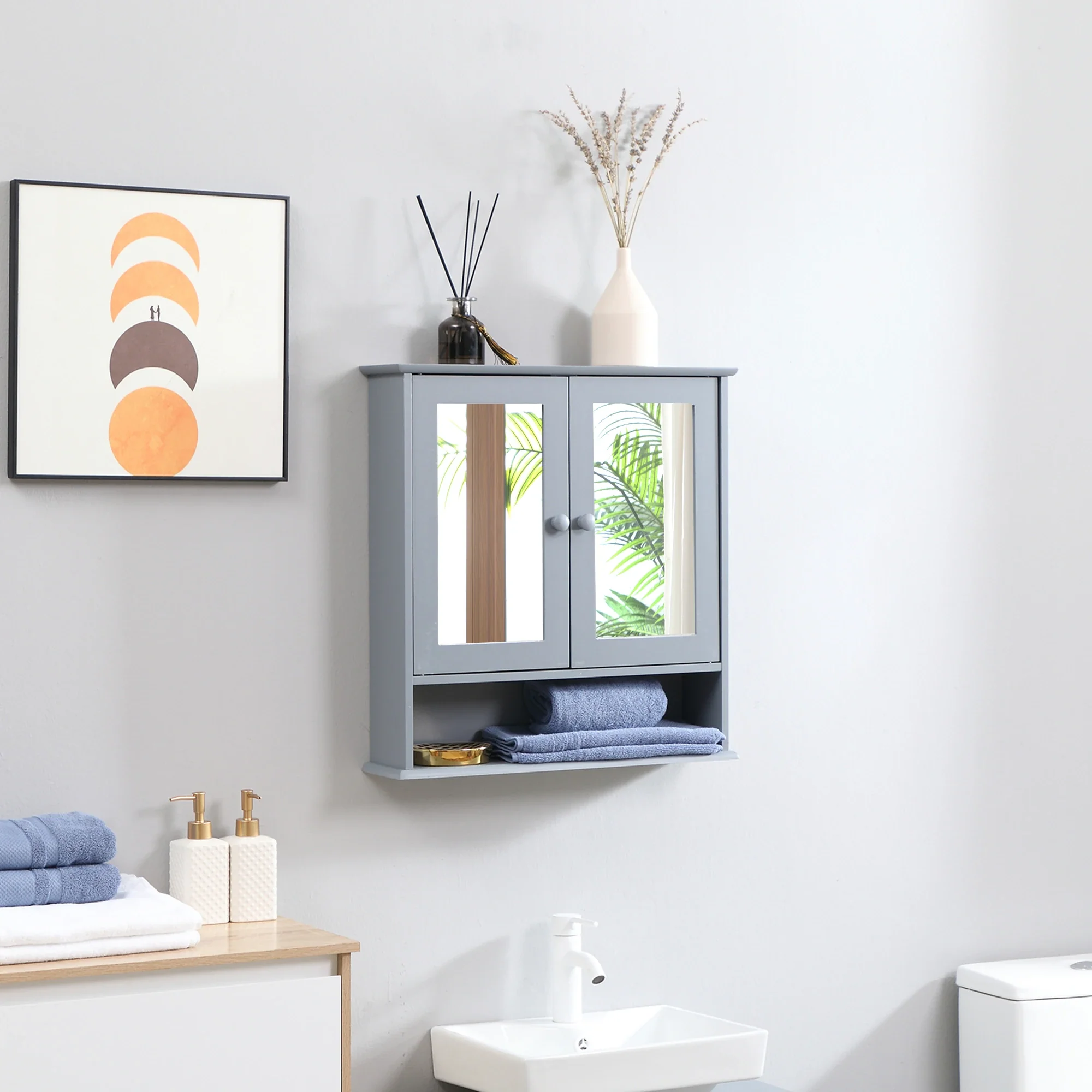 Wall-Mounted Medicine Cabinet, Double Doors, Open Shelf, Adjustable, Grey - Image 2