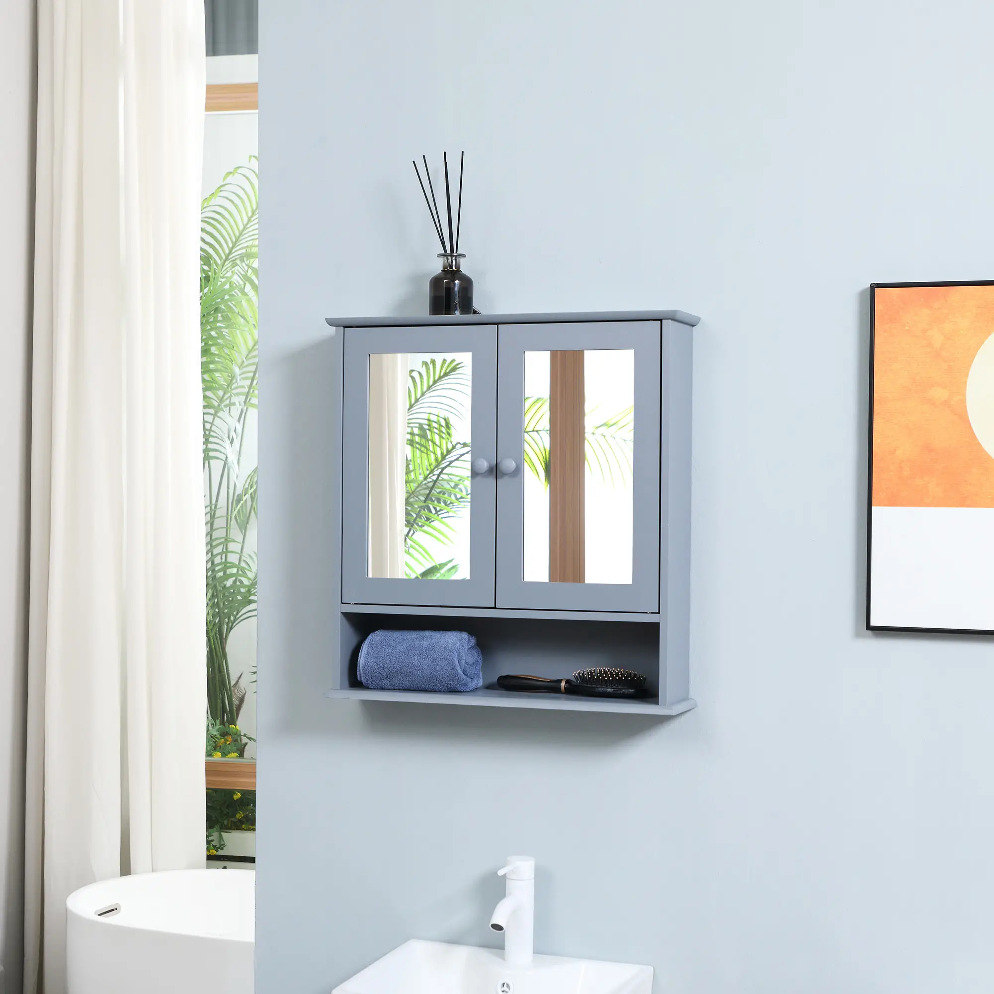 Wall-Mounted Medicine Cabinet, Double Doors, Open Shelf, Adjustable, Grey - Image 8
