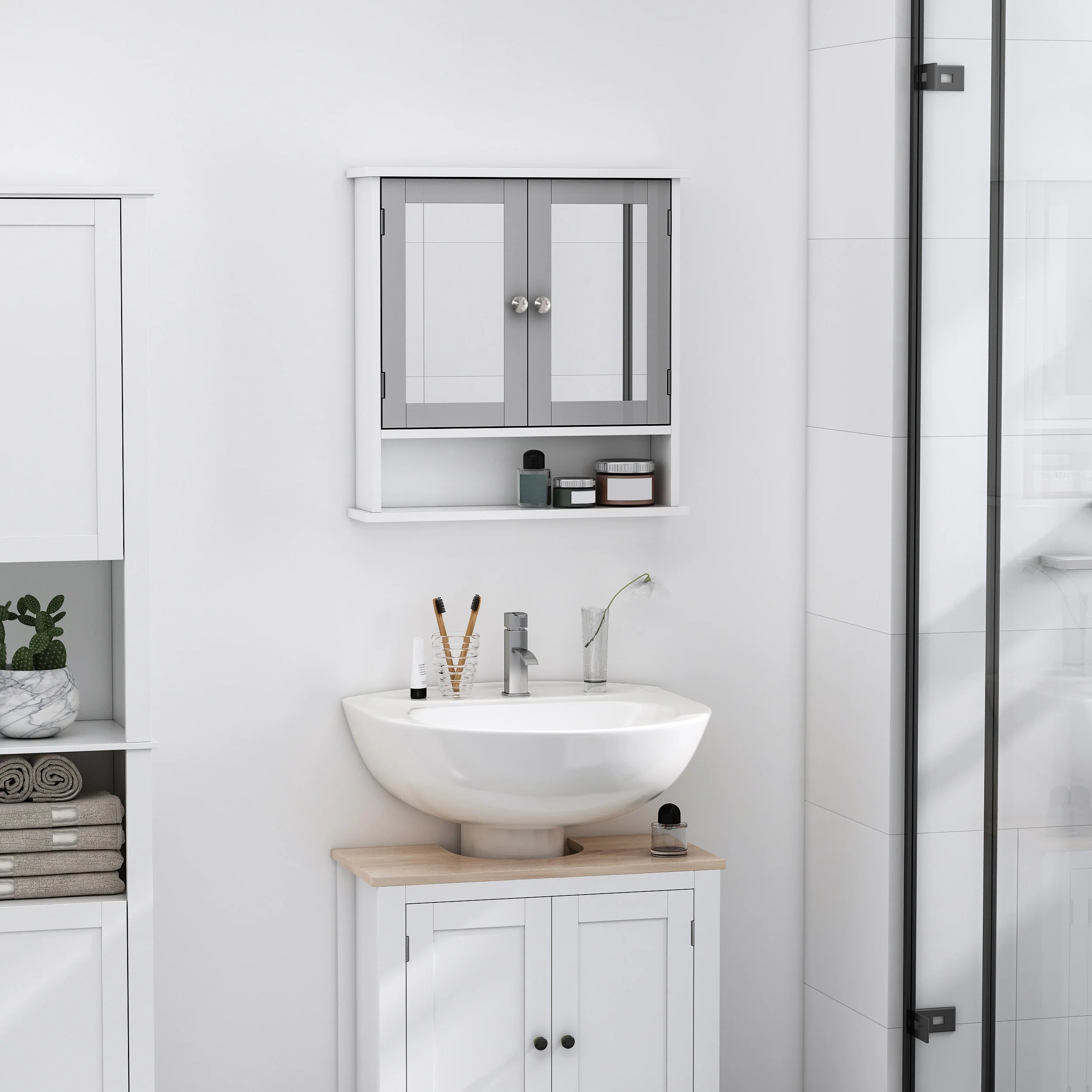 Wall-Mounted Medicine Cabinet, Double Doors, Open Shelf, Adjustable, White and Grey - Image 2