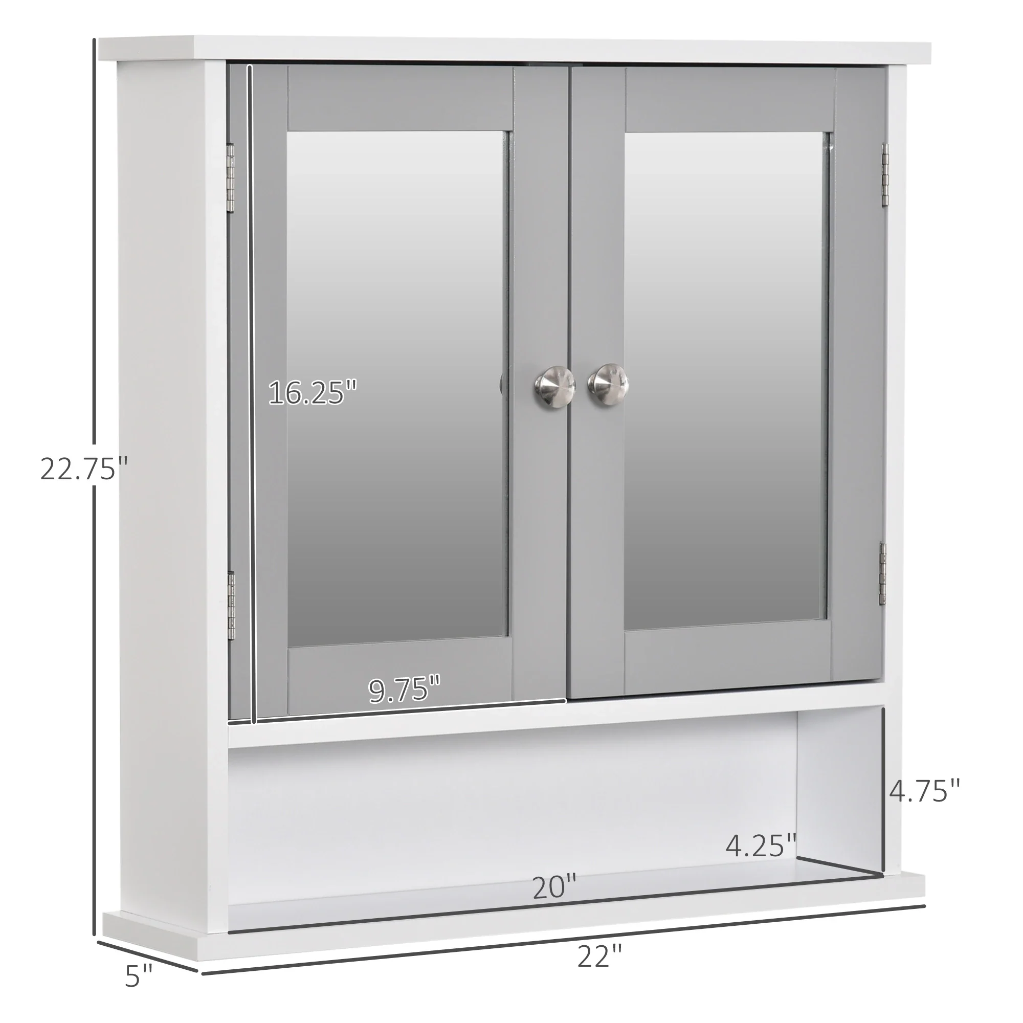 Wall-Mounted Medicine Cabinet, Double Doors, Open Shelf, Adjustable, White and Grey - Image 3