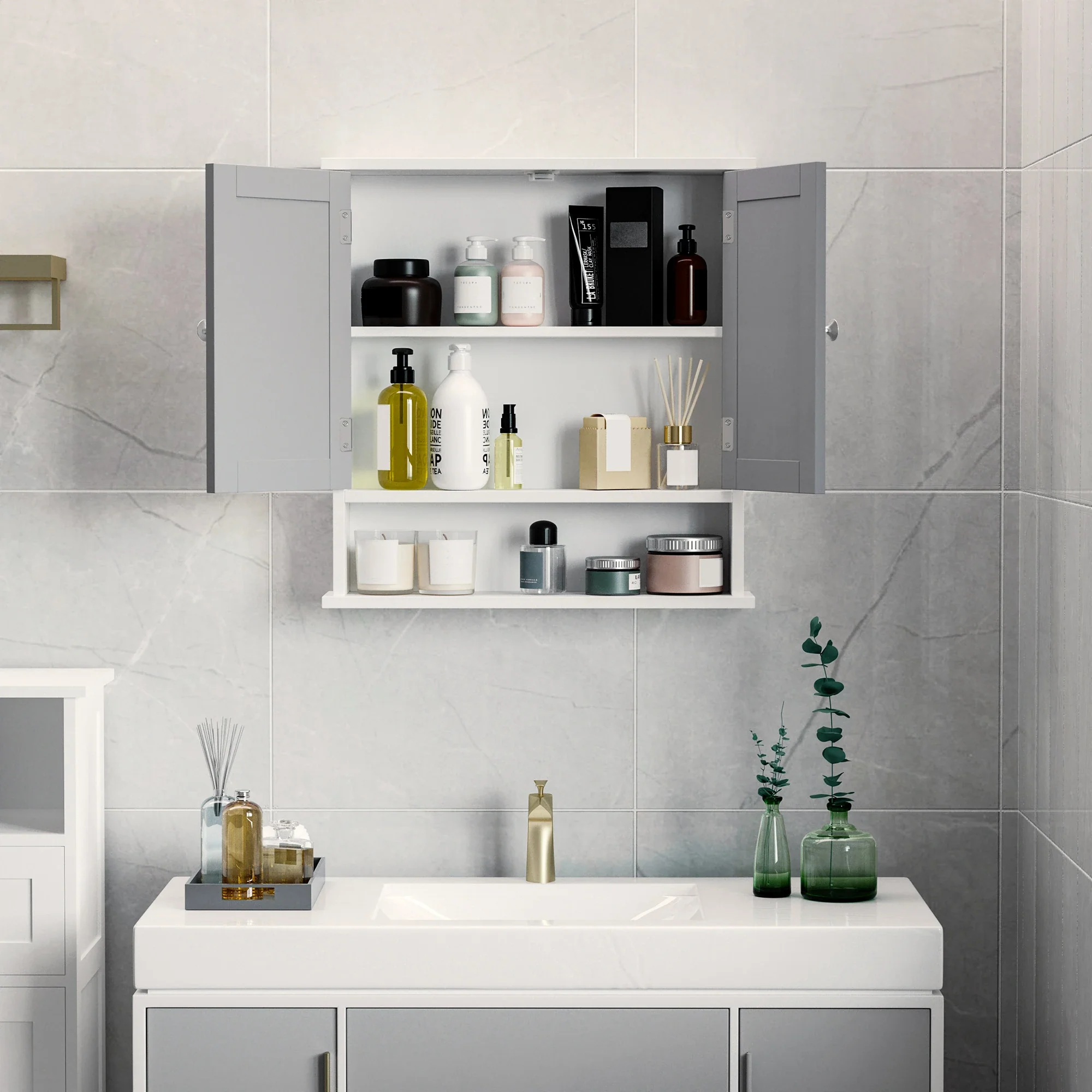 Wall-Mounted Medicine Cabinet, Double Doors, Open Shelf, Adjustable, White and Grey - Image 4