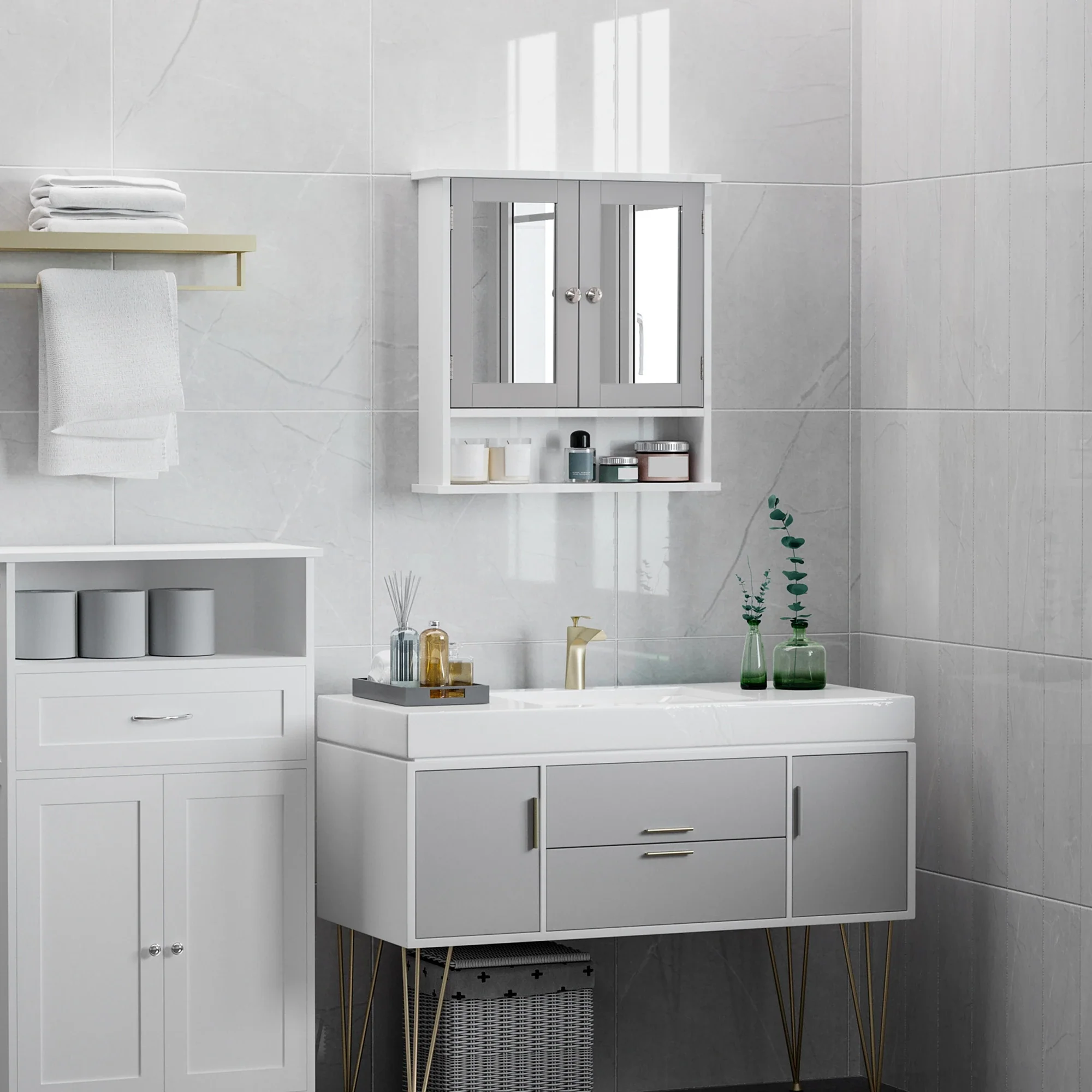 Wall-Mounted Medicine Cabinet, Double Doors, Open Shelf, Adjustable, White and Grey - Image 5