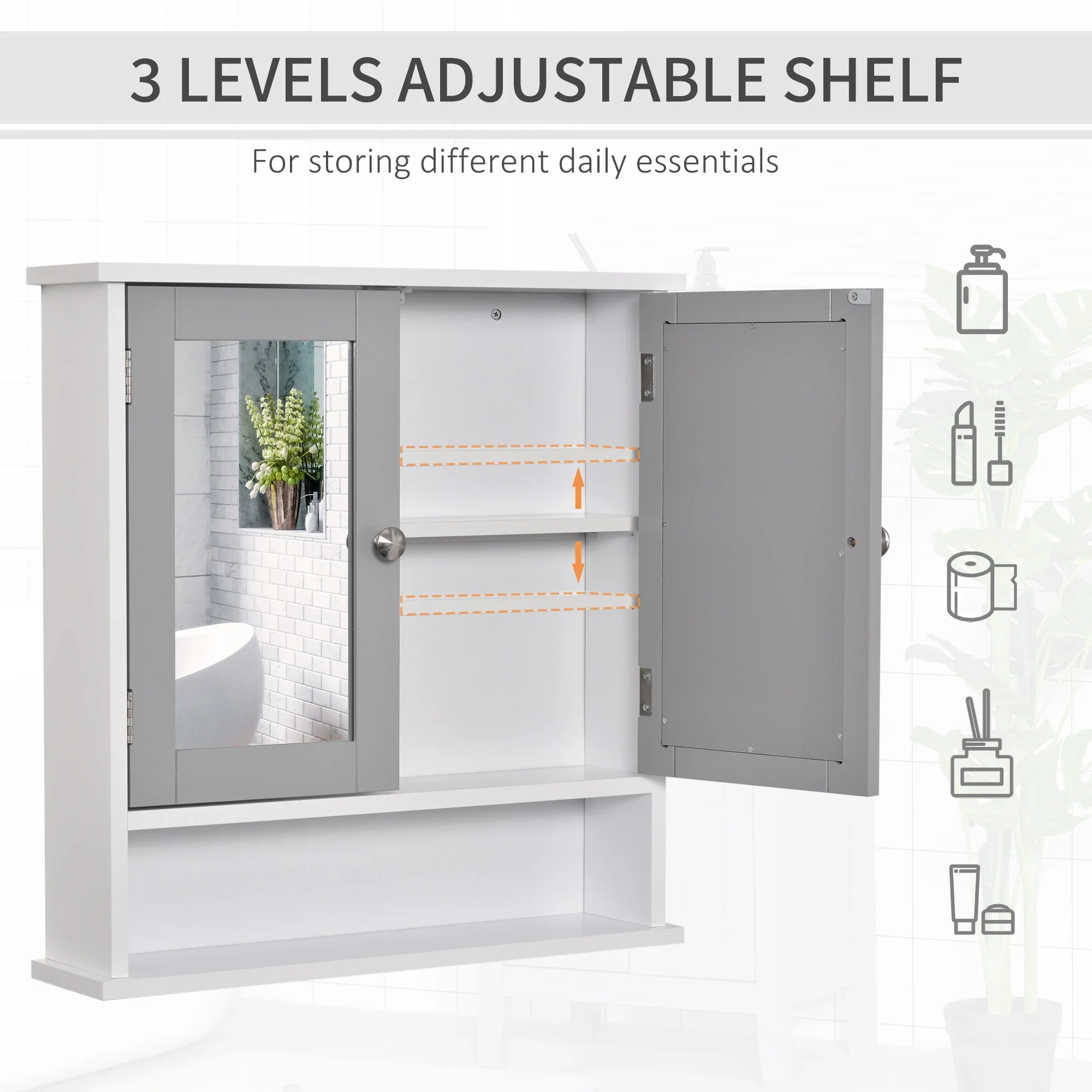 Wall-Mounted Medicine Cabinet, Double Doors, Open Shelf, Adjustable, White and Grey - Image 6