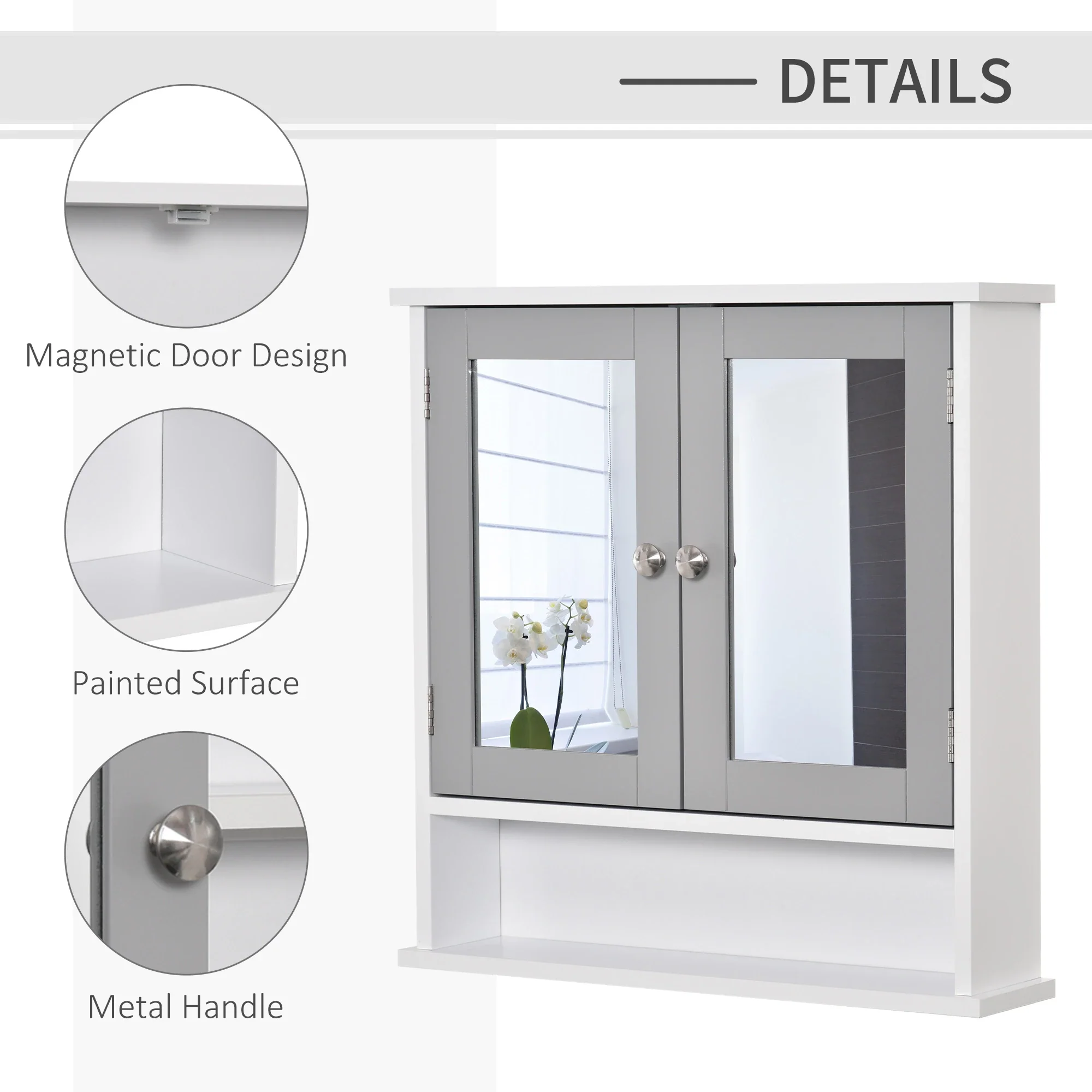 Wall-Mounted Medicine Cabinet, Double Doors, Open Shelf, Adjustable, White and Grey - Image 7