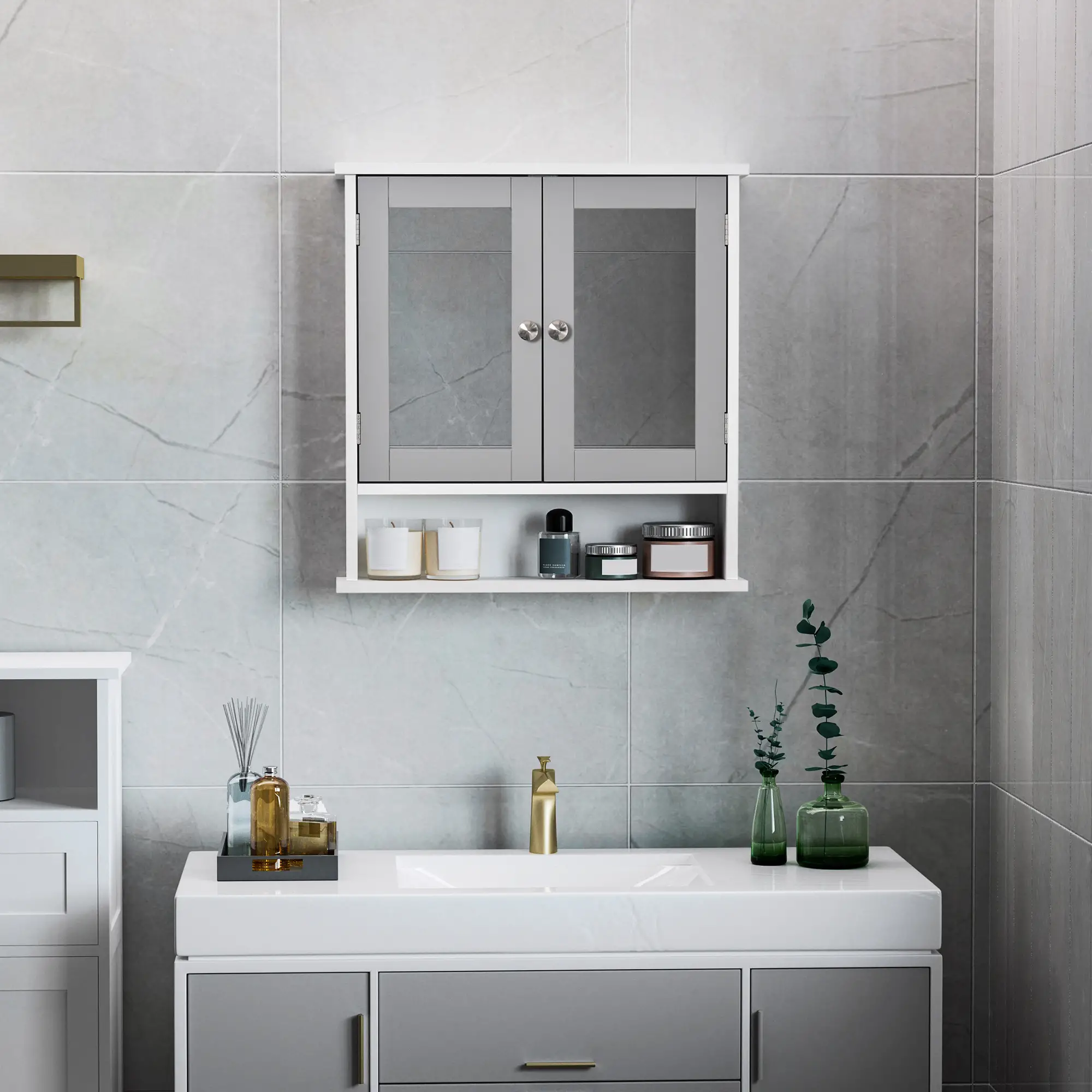 Wall-Mounted Medicine Cabinet, Double Doors, Open Shelf, Adjustable, White and Grey - Image 8