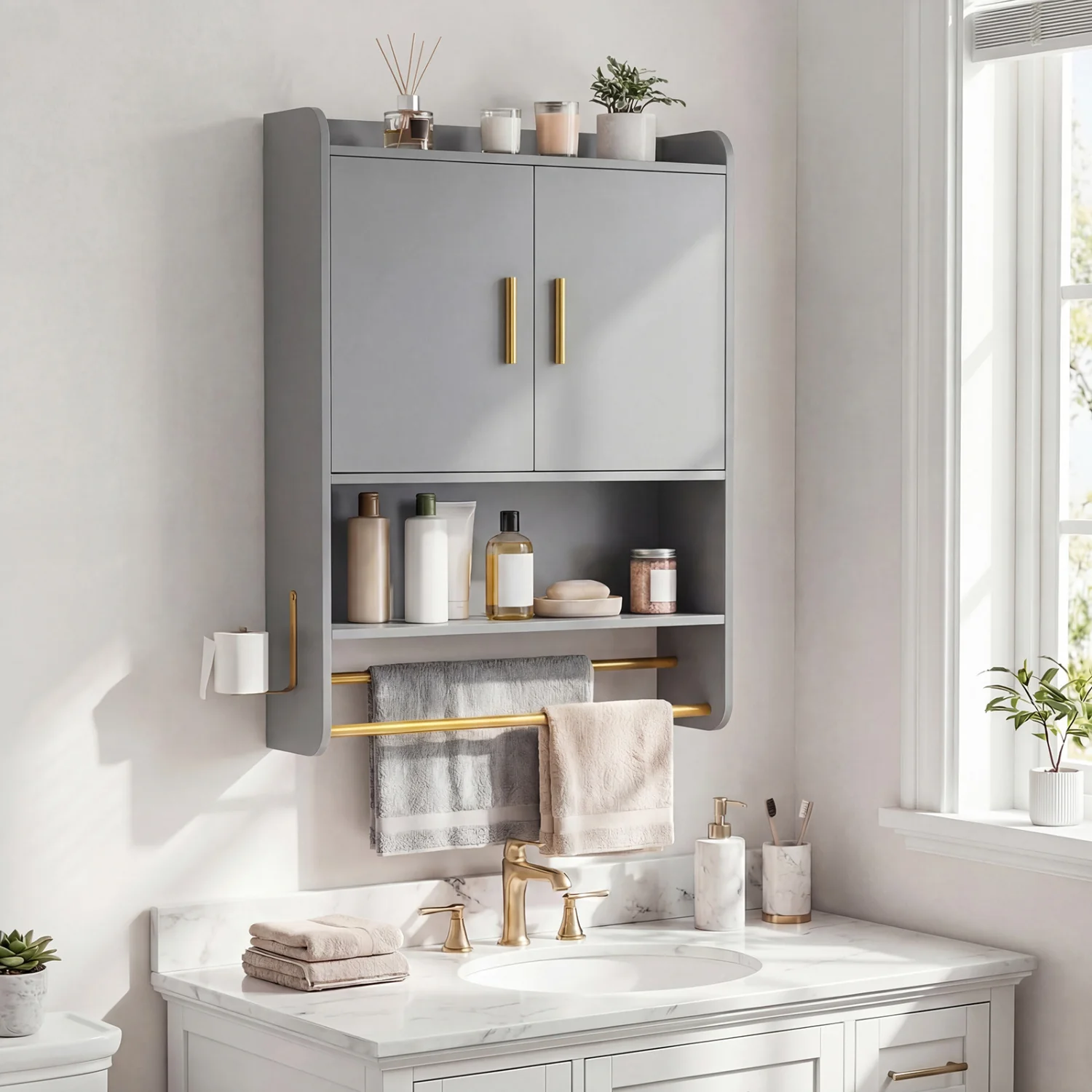 Wall Mounted Medicine Cabinet with Towel Bars, Grey - Image 2