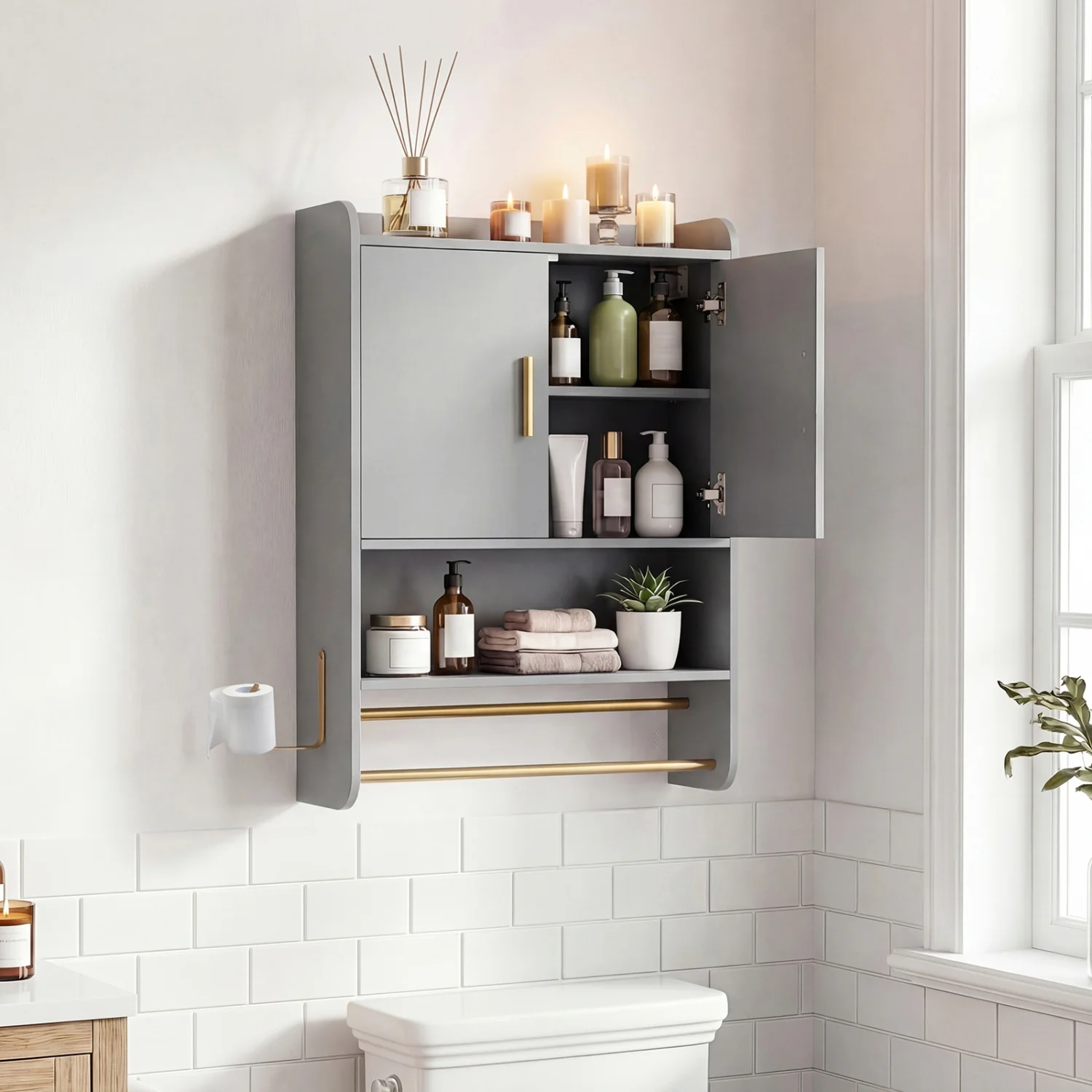 Wall Mounted Medicine Cabinet with Towel Bars, Grey - Image 3