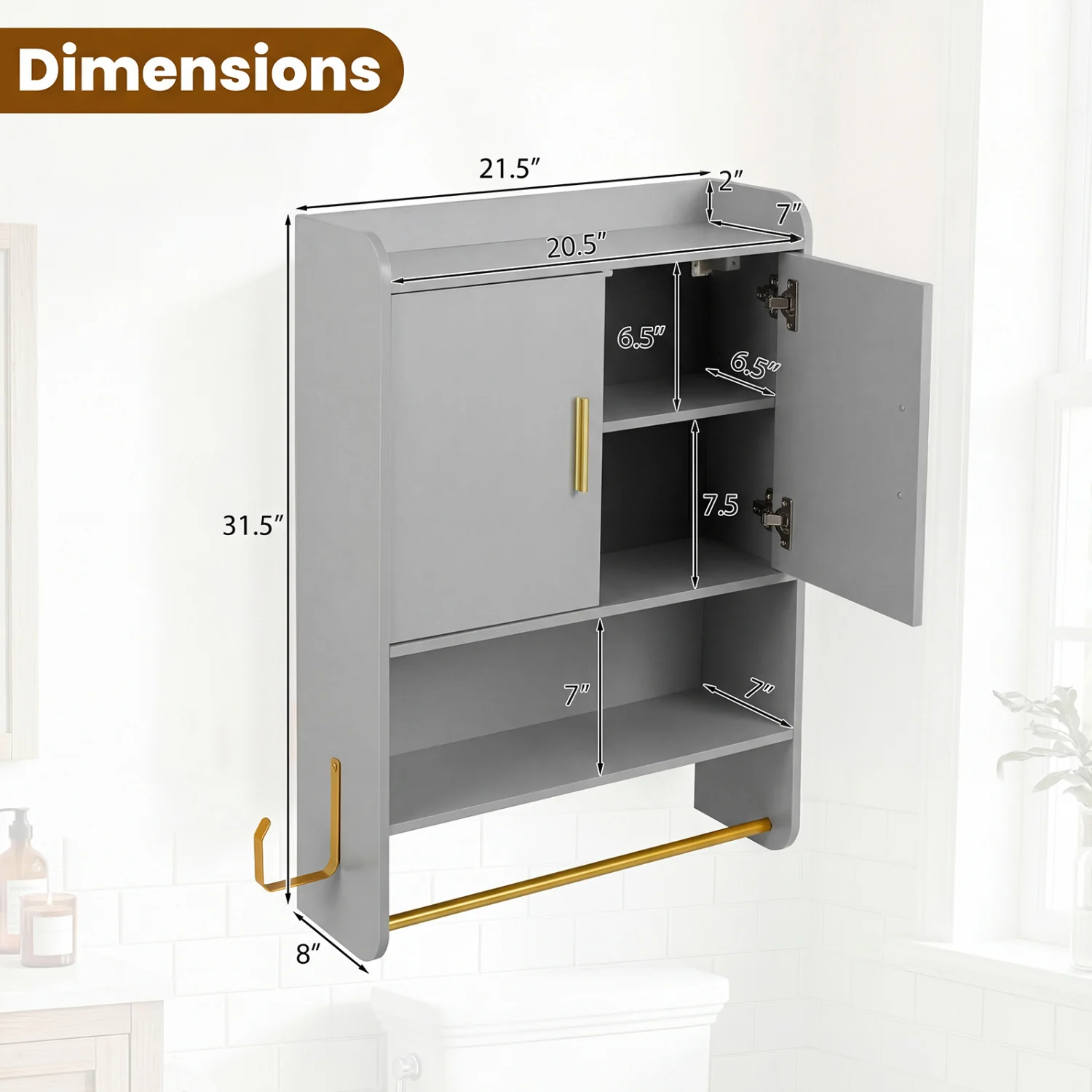 Wall Mounted Medicine Cabinet with Towel Bars, Grey - Image 5