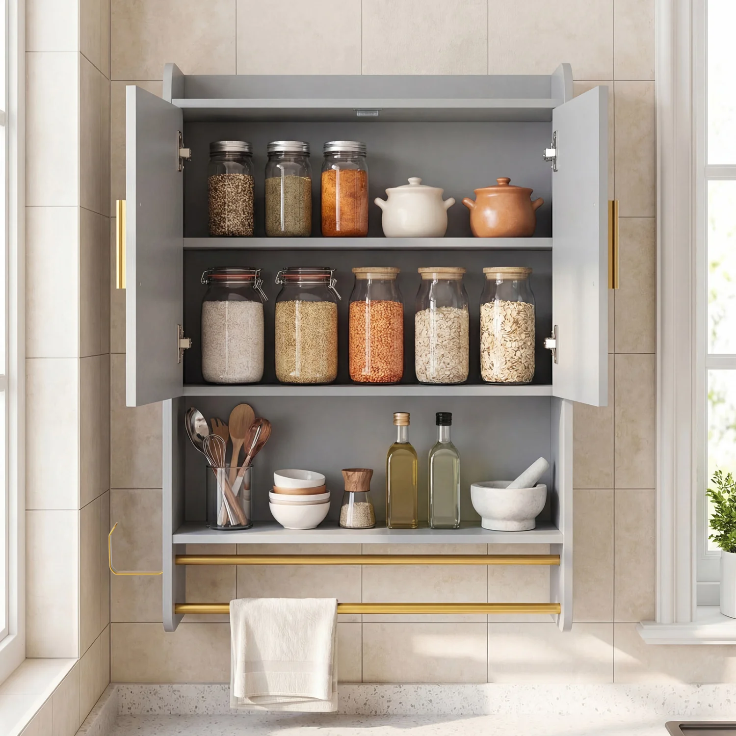 Wall Mounted Medicine Cabinet with Towel Bars, Grey - Image 6