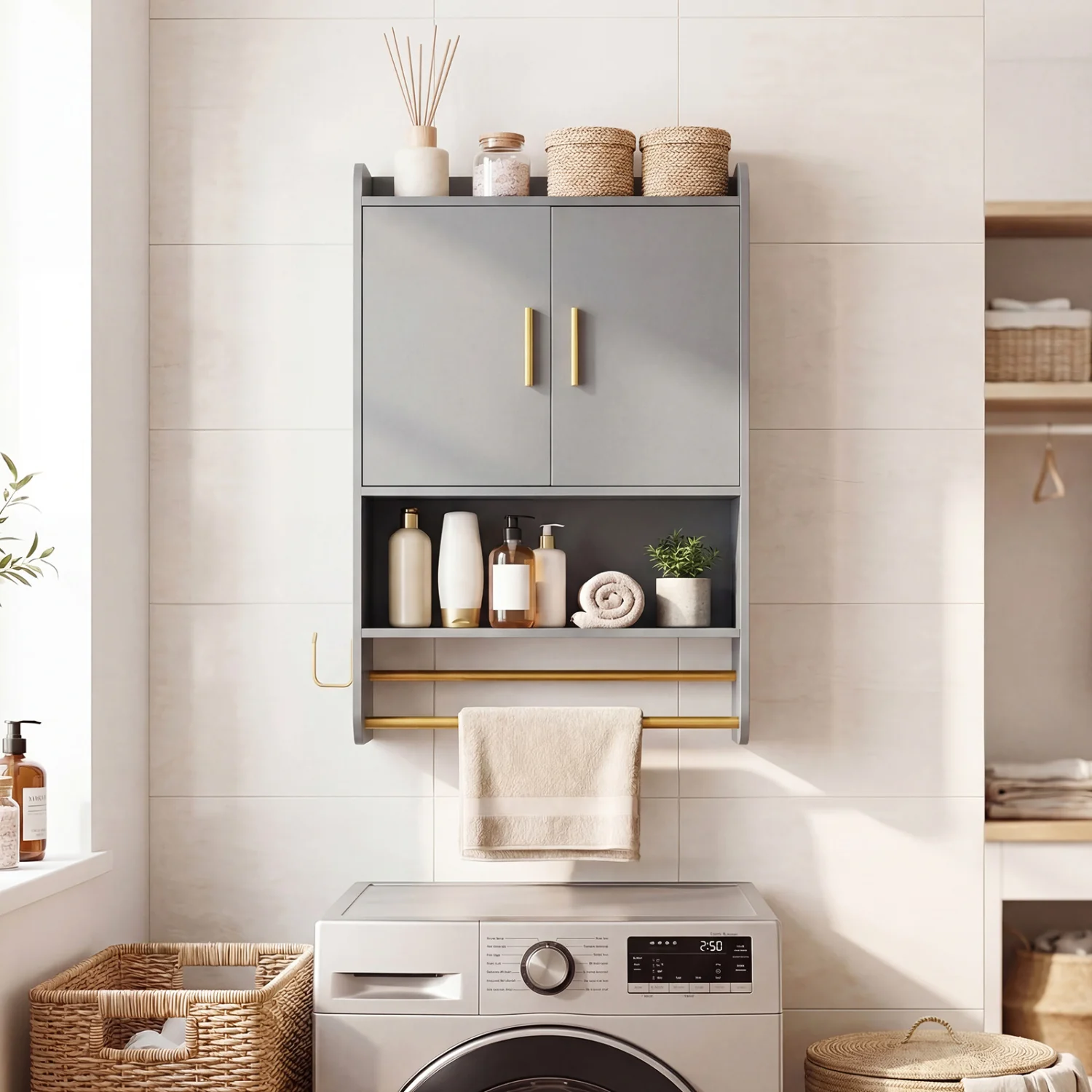 Wall Mounted Medicine Cabinet with Towel Bars, Grey - Image 7