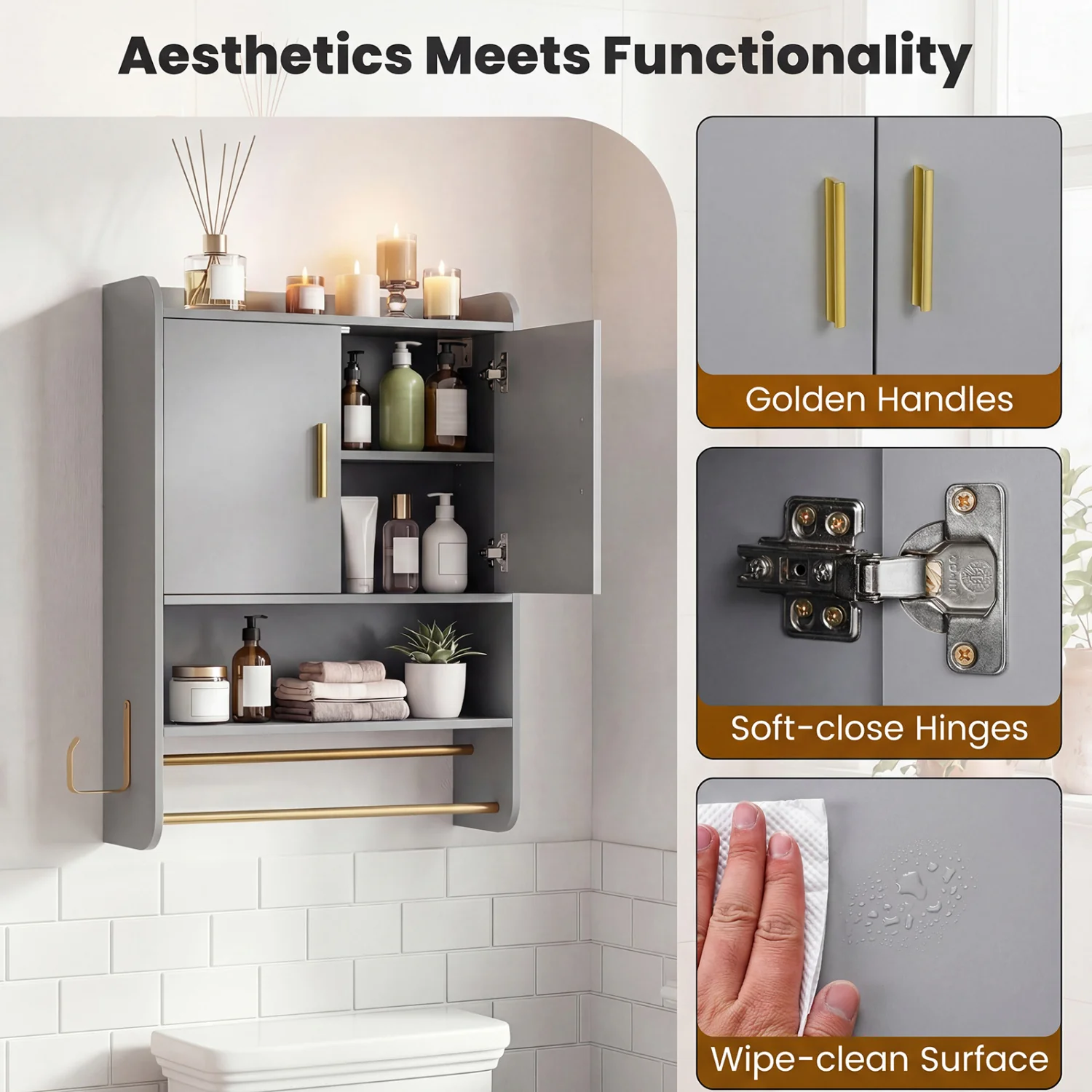Wall Mounted Medicine Cabinet with Towel Bars, Grey - Image 8