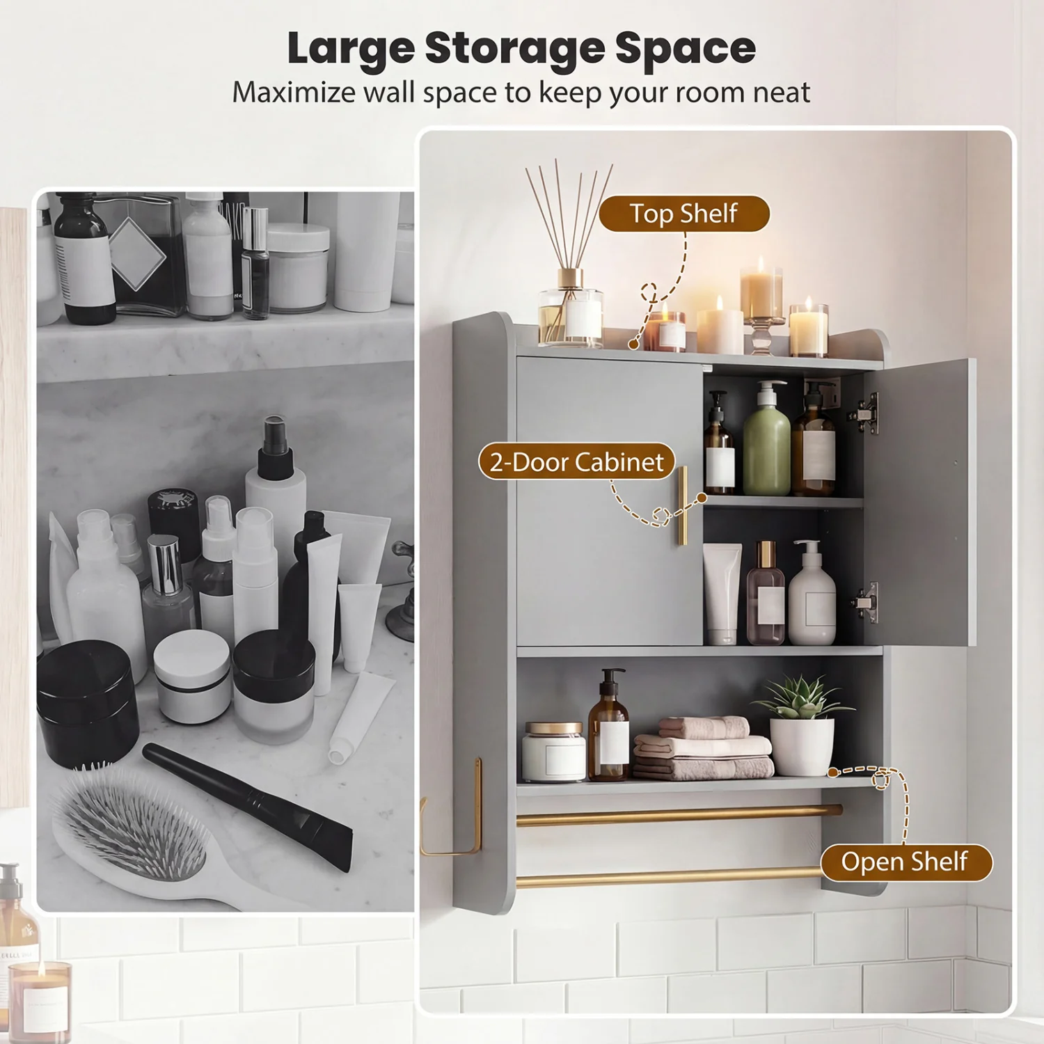 Wall Mounted Medicine Cabinet with Towel Bars, Grey - Image 9