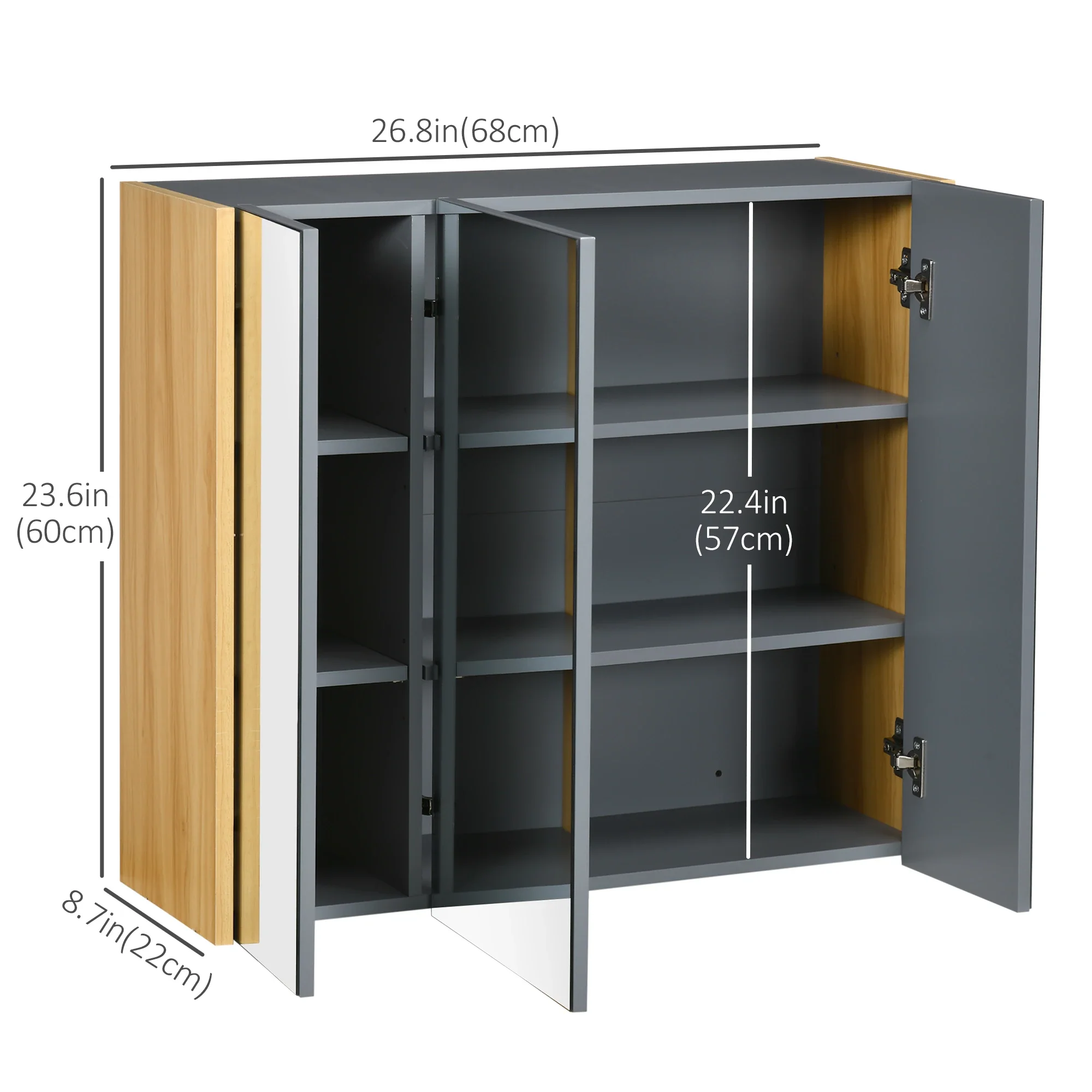 Wall Mounted Medicine Cabinet, Mirror, 3 Doors, Adjustable Shelves, Gray - Image 3