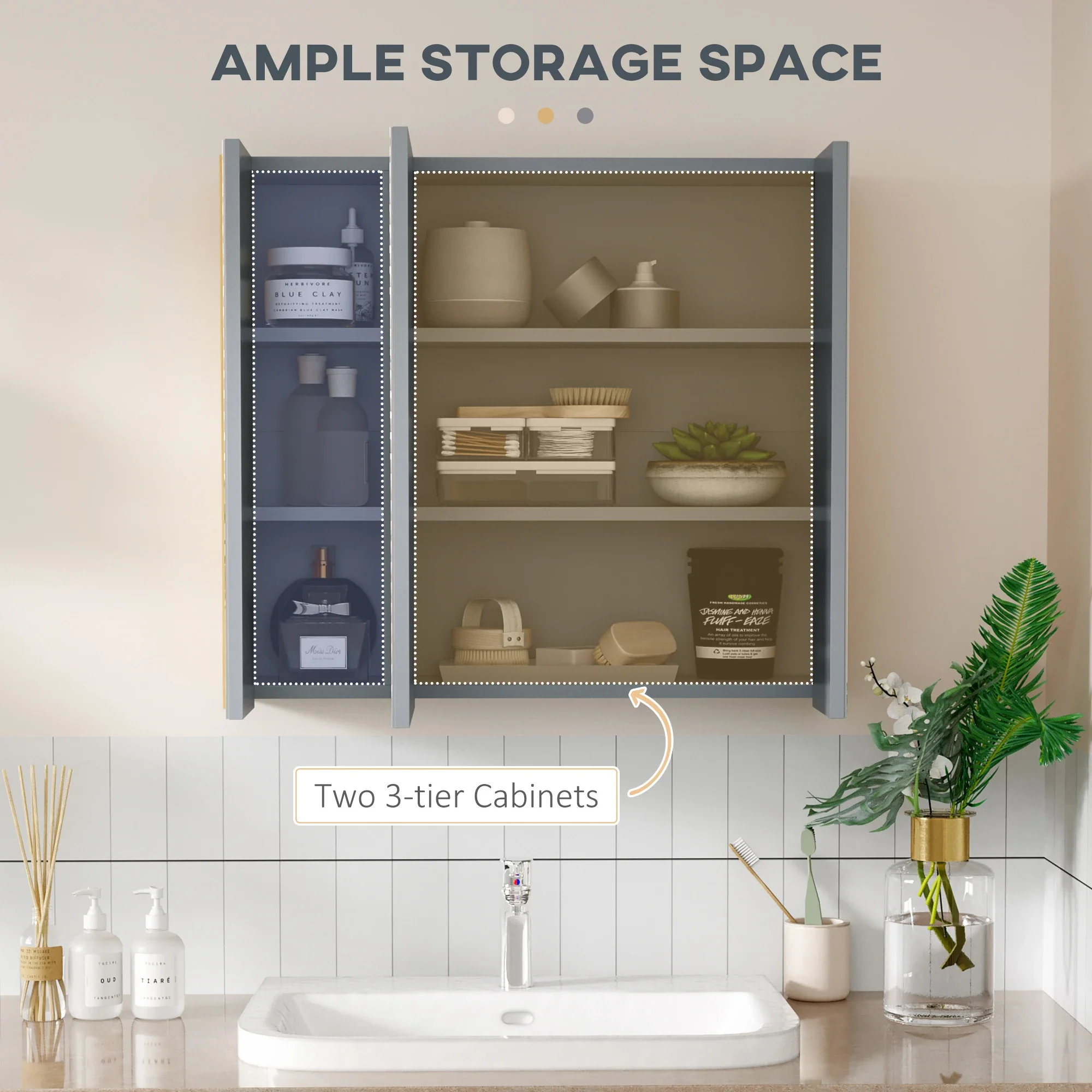Wall Mounted Medicine Cabinet, Mirror, 3 Doors, Adjustable Shelves, Gray - Image 4