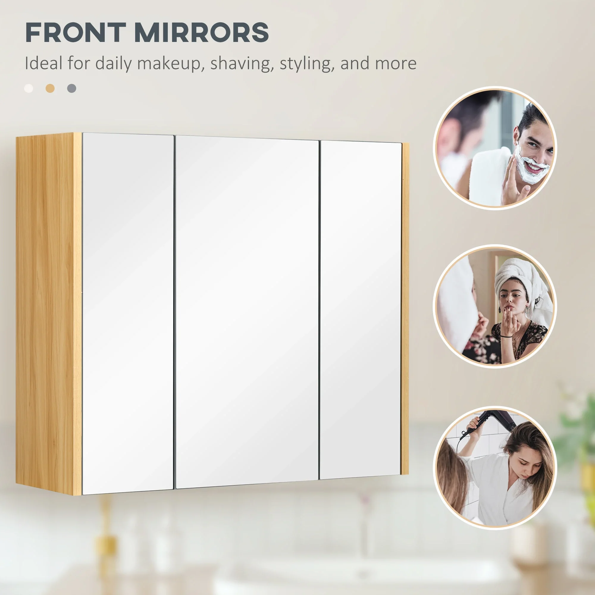 Wall Mounted Medicine Cabinet, Mirror, 3 Doors, Adjustable Shelves, Gray - Image 5