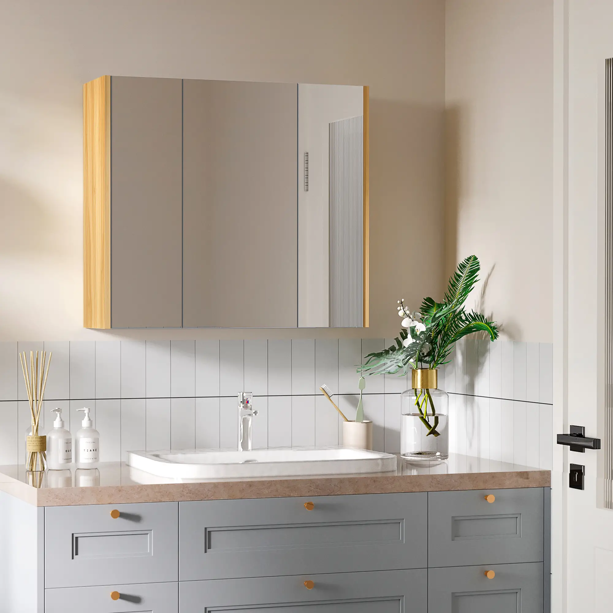 Wall Mounted Medicine Cabinet, Mirror, 3 Doors, Adjustable Shelves, Gray - Image 8