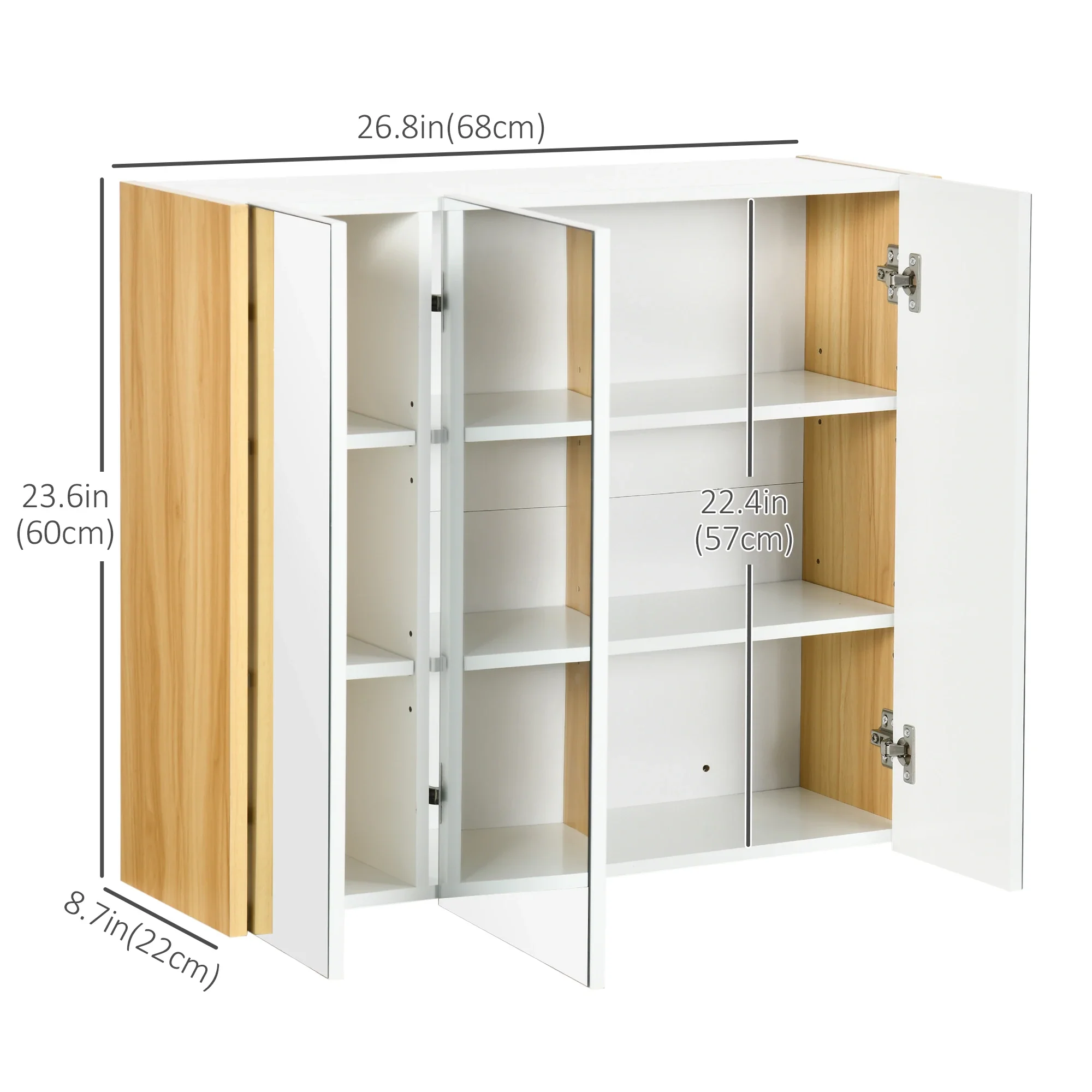 Wall Mounted Medicine Cabinet, Mirror, 3 Doors, Adjustable Shelves, White - Image 3
