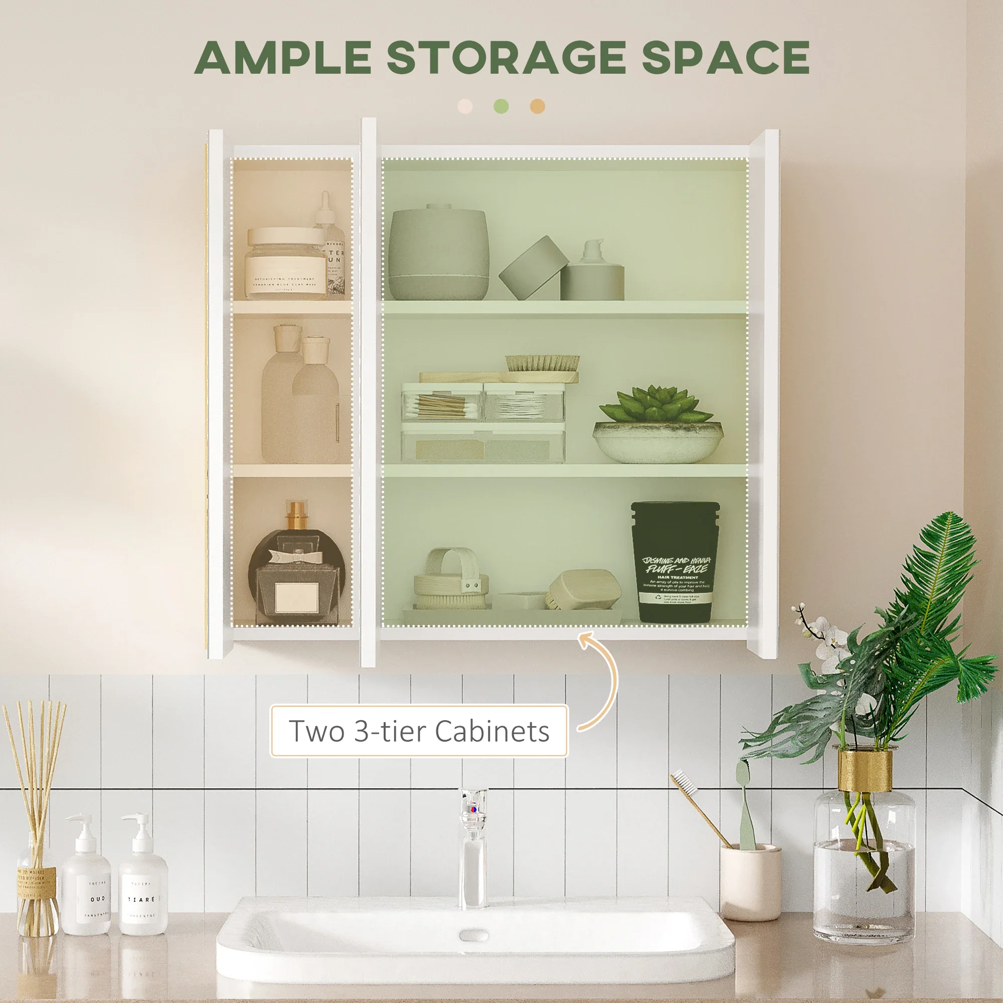 Wall Mounted Medicine Cabinet, Mirror, 3 Doors, Adjustable Shelves, White - Image 4