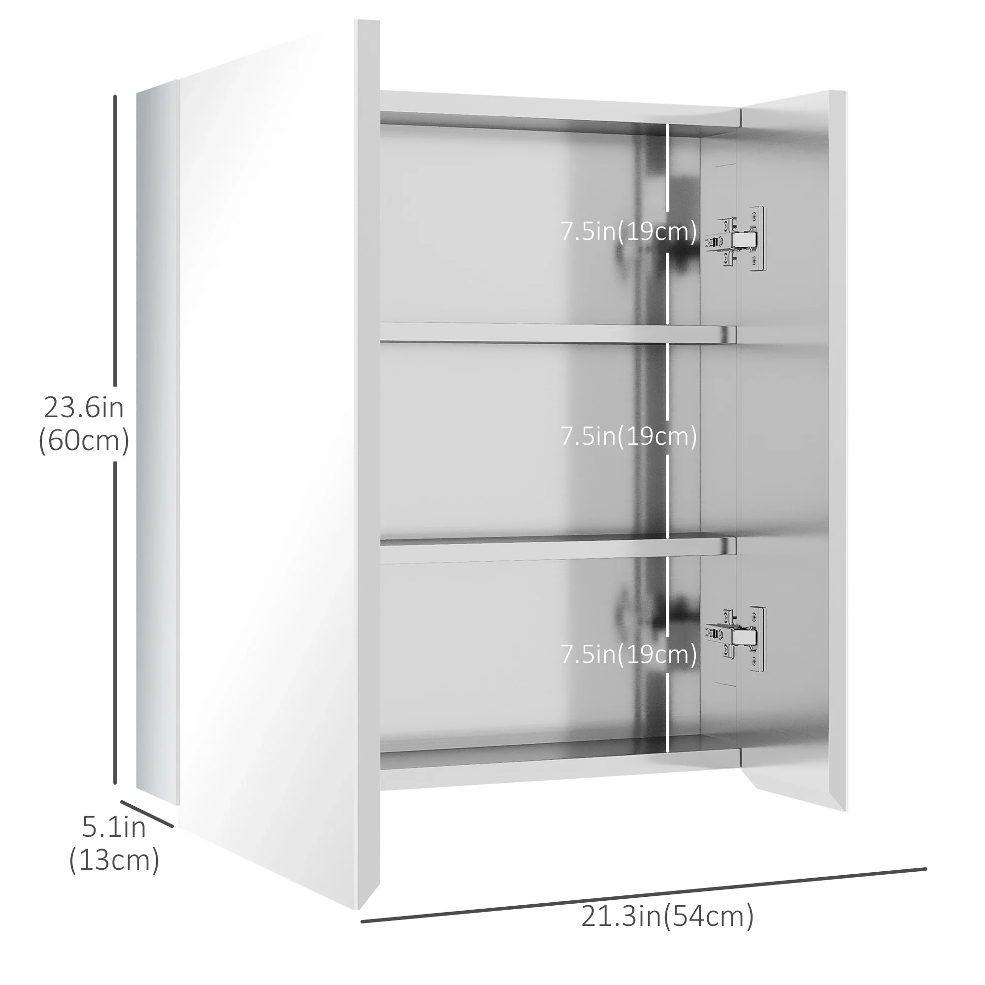 Wall Mounted Medicine Cabinet, Mirror, Hinged Doors, 3-Tier Shelves, Silver - Image 3