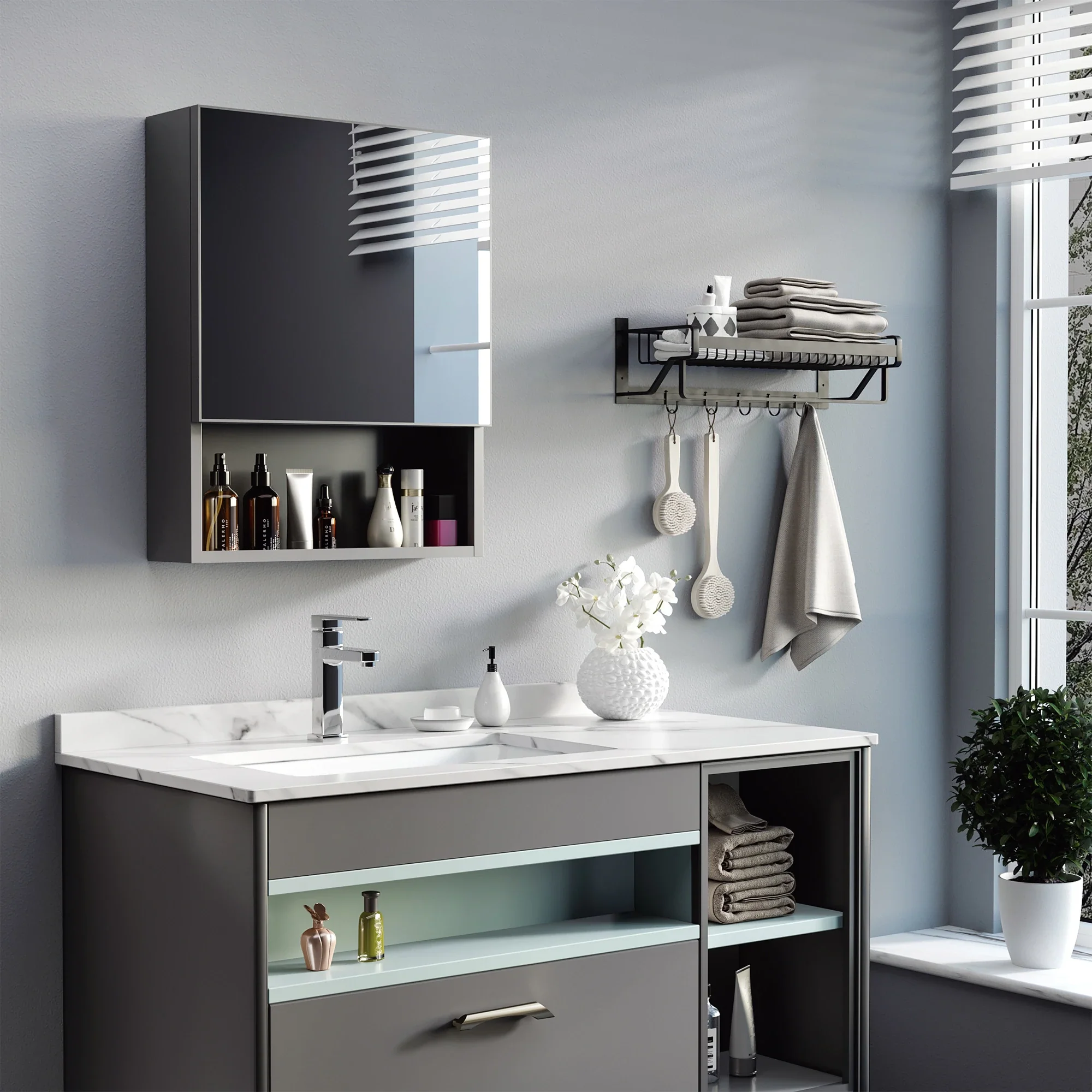 Wall-Mounted Medicine Cabinet, Single Door with Shelves, Stainless Steel Frame, Black - Image 7