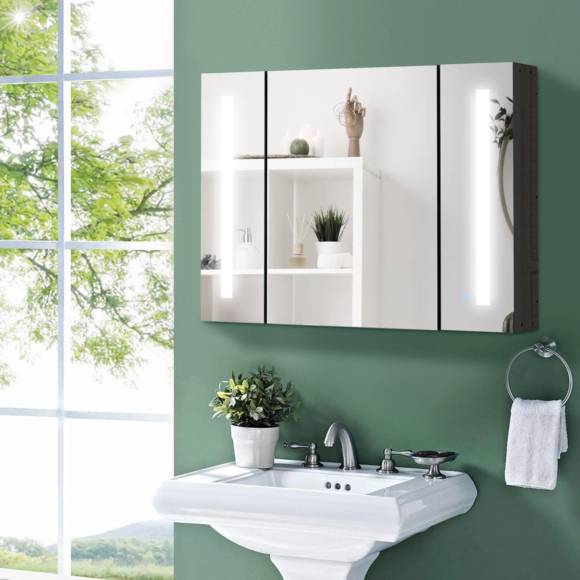 Wall Mounted Medicine Cabinet with Mirror, Adjustable Shelf, USB Charge, High Gloss, Black - Image 2