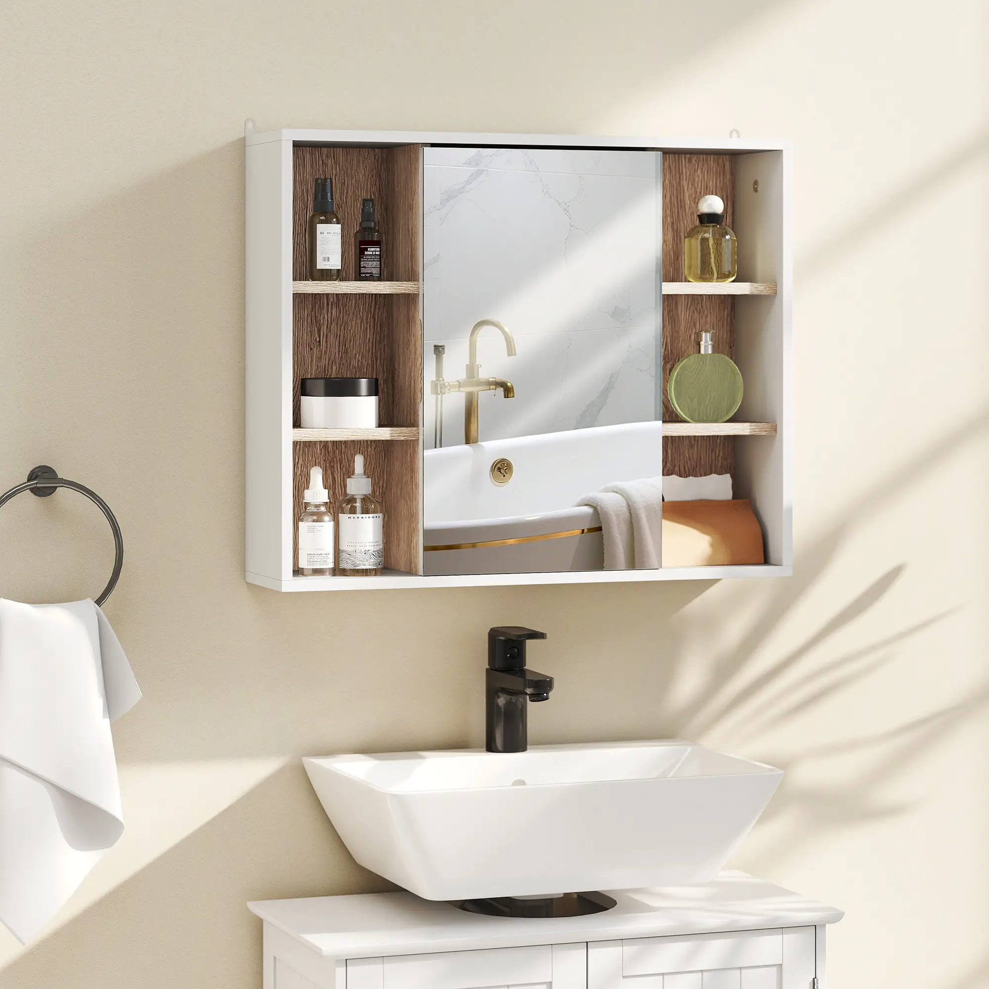Wall-Mounted Medicine Cabinet with Mirror, Over Toilet Vanity, Oak, White - Image 2