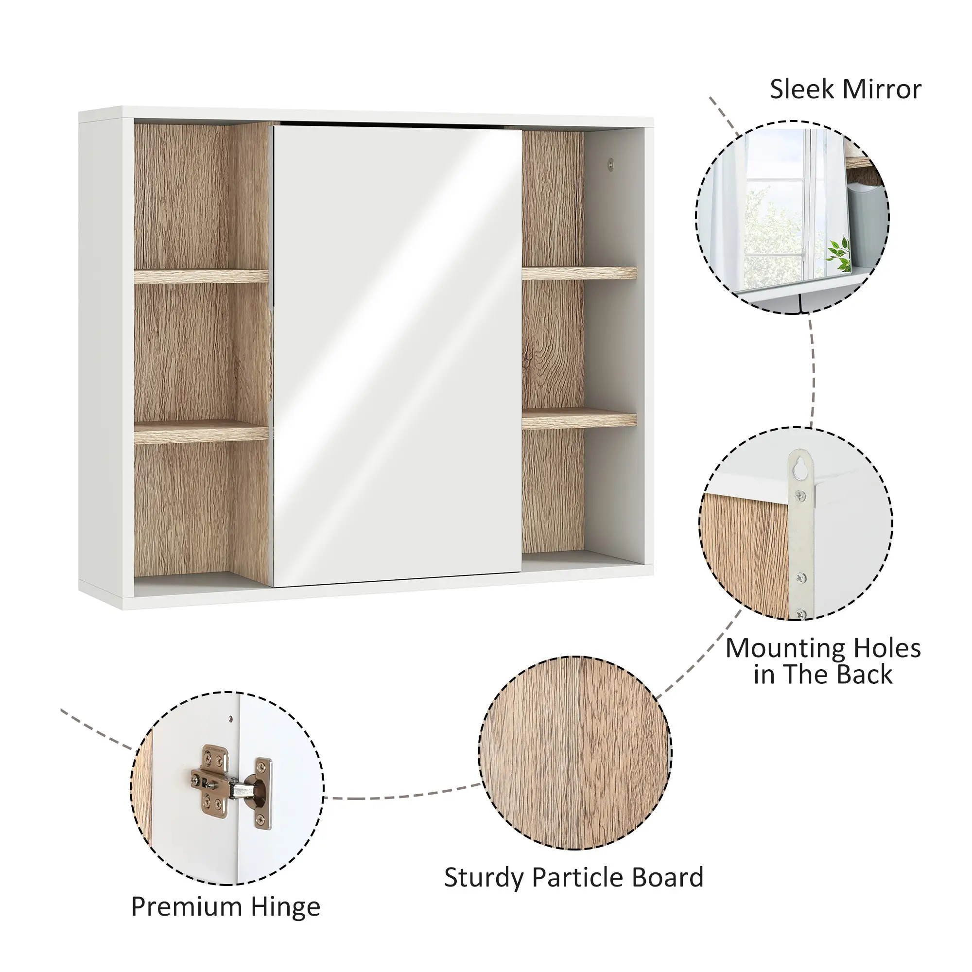 Wall-Mounted Medicine Cabinet with Mirror, Over Toilet Vanity, Oak, White - Image 5