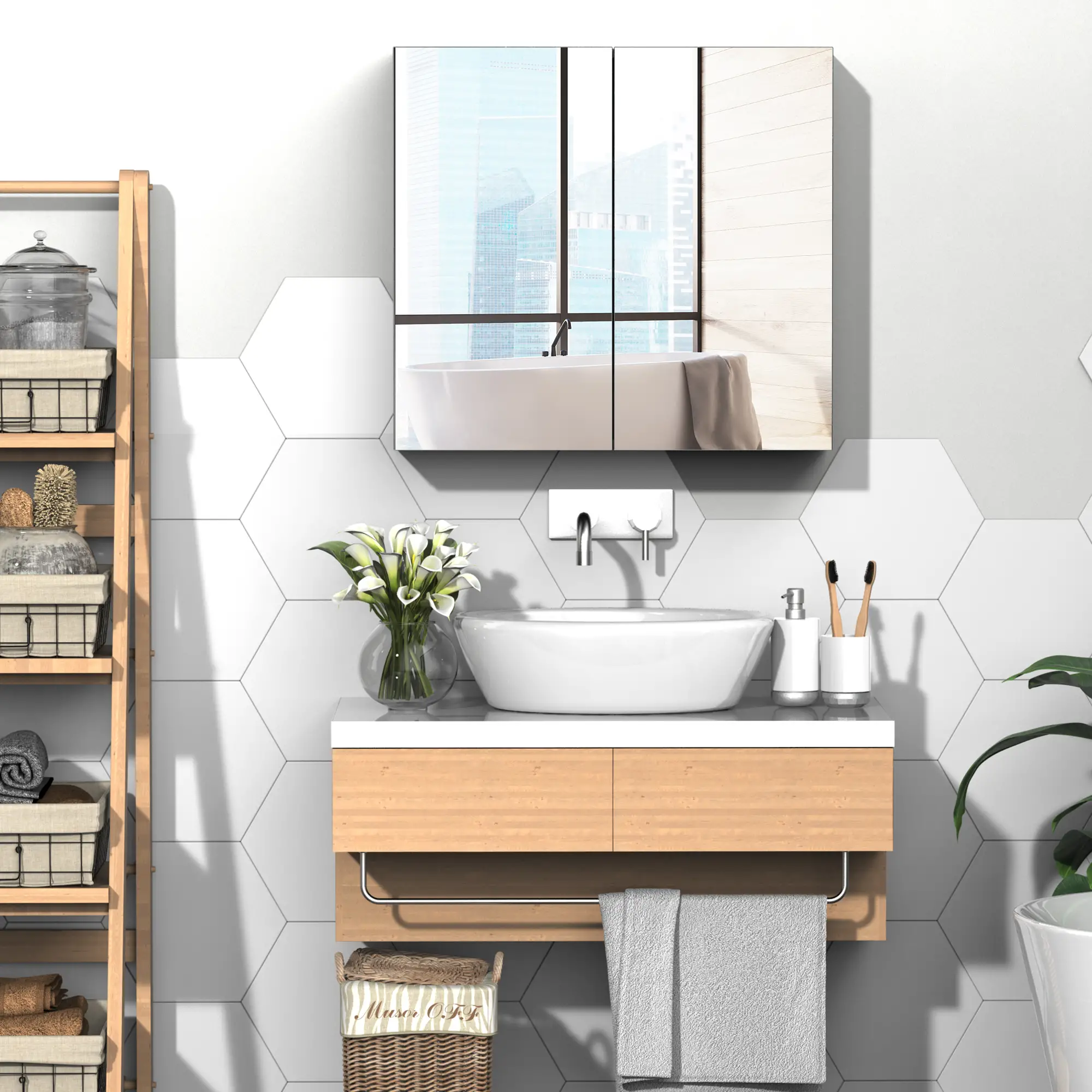Wall Mounted Mirror Cabinet, Bathroom Medicine, 2 Doors, 3-Tier Shelving, White - Image 2