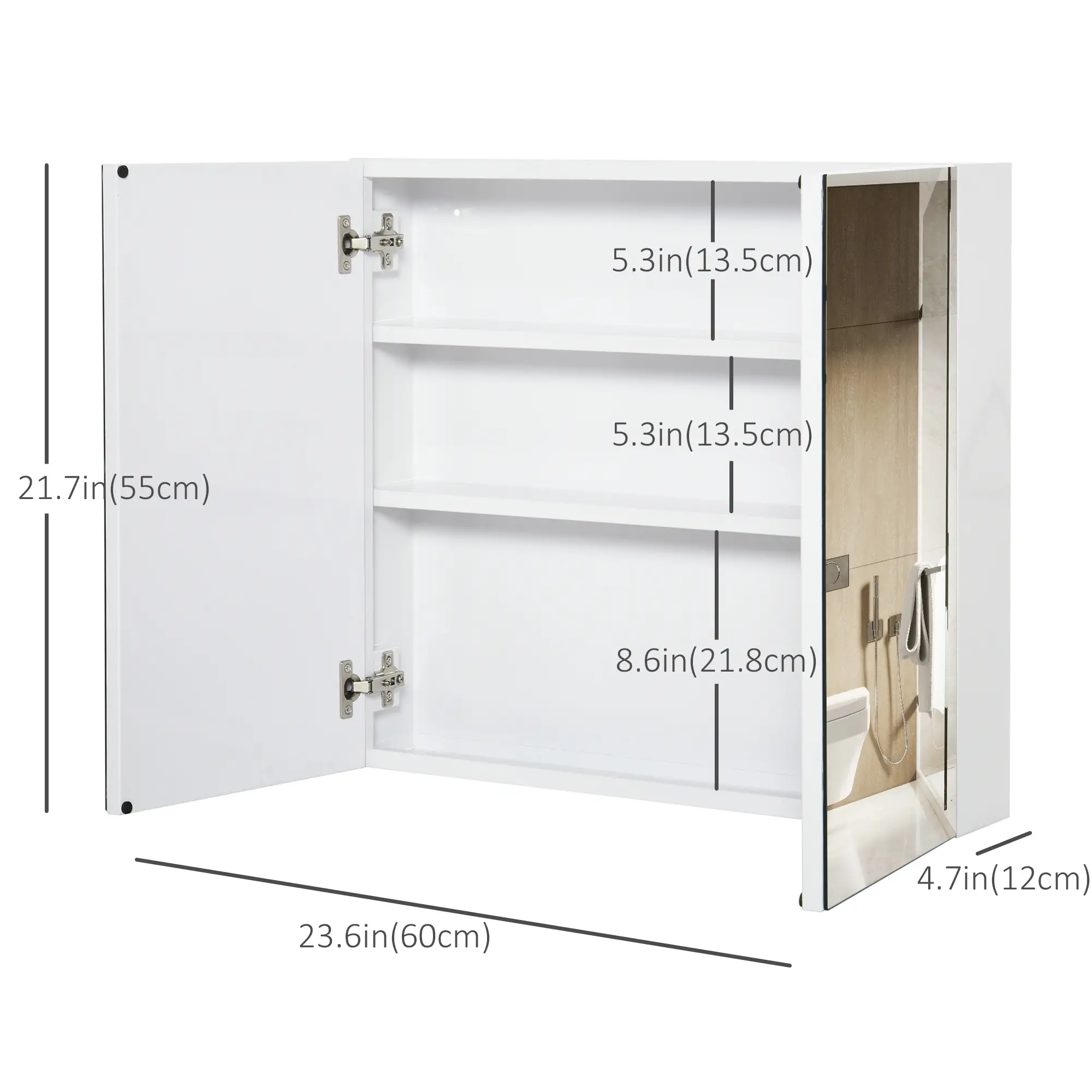 Wall Mounted Mirror Cabinet, Bathroom Medicine, 2 Doors, 3-Tier Shelving, White - Image 3
