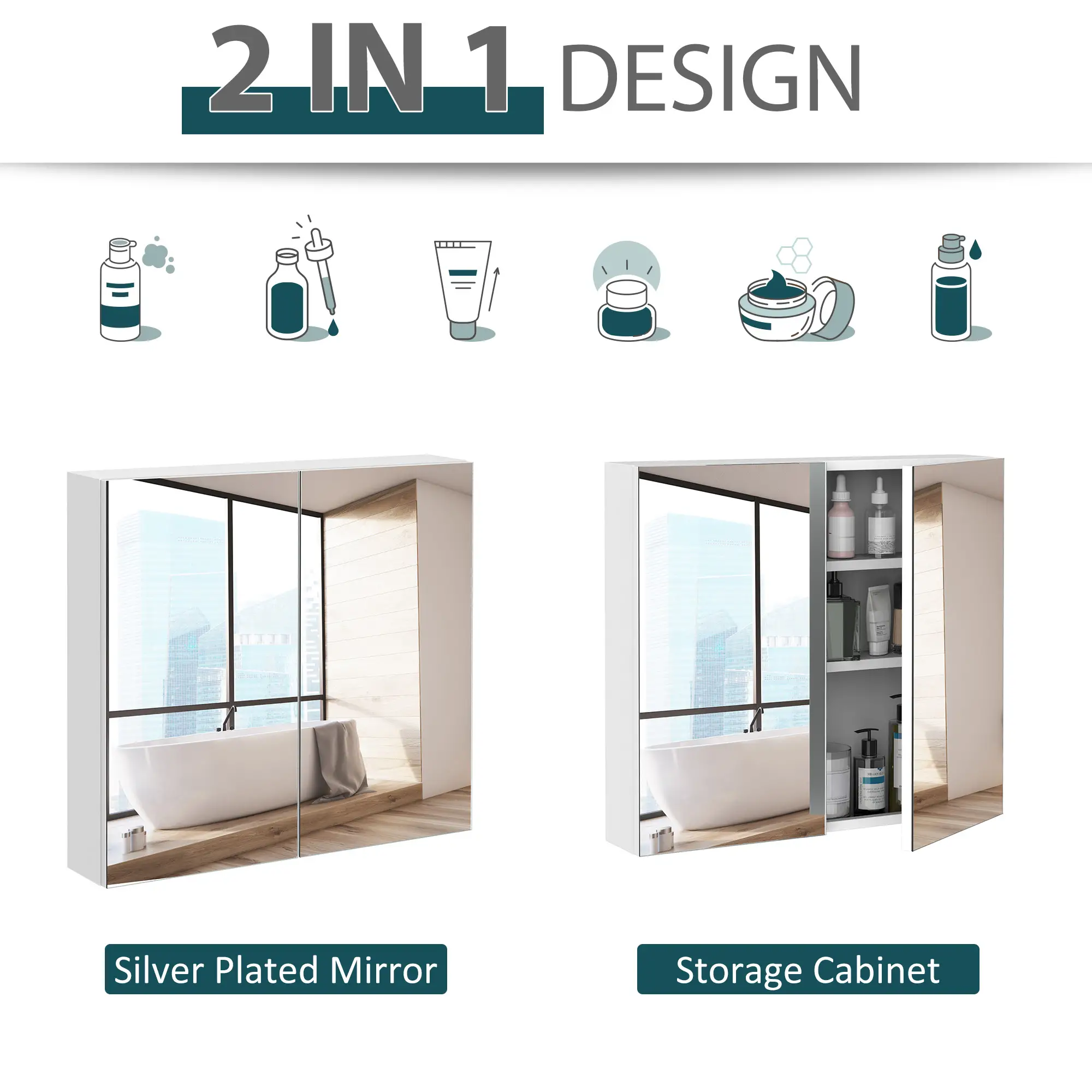 Wall Mounted Mirror Cabinet, Bathroom Medicine, 2 Doors, 3-Tier Shelving, White - Image 6