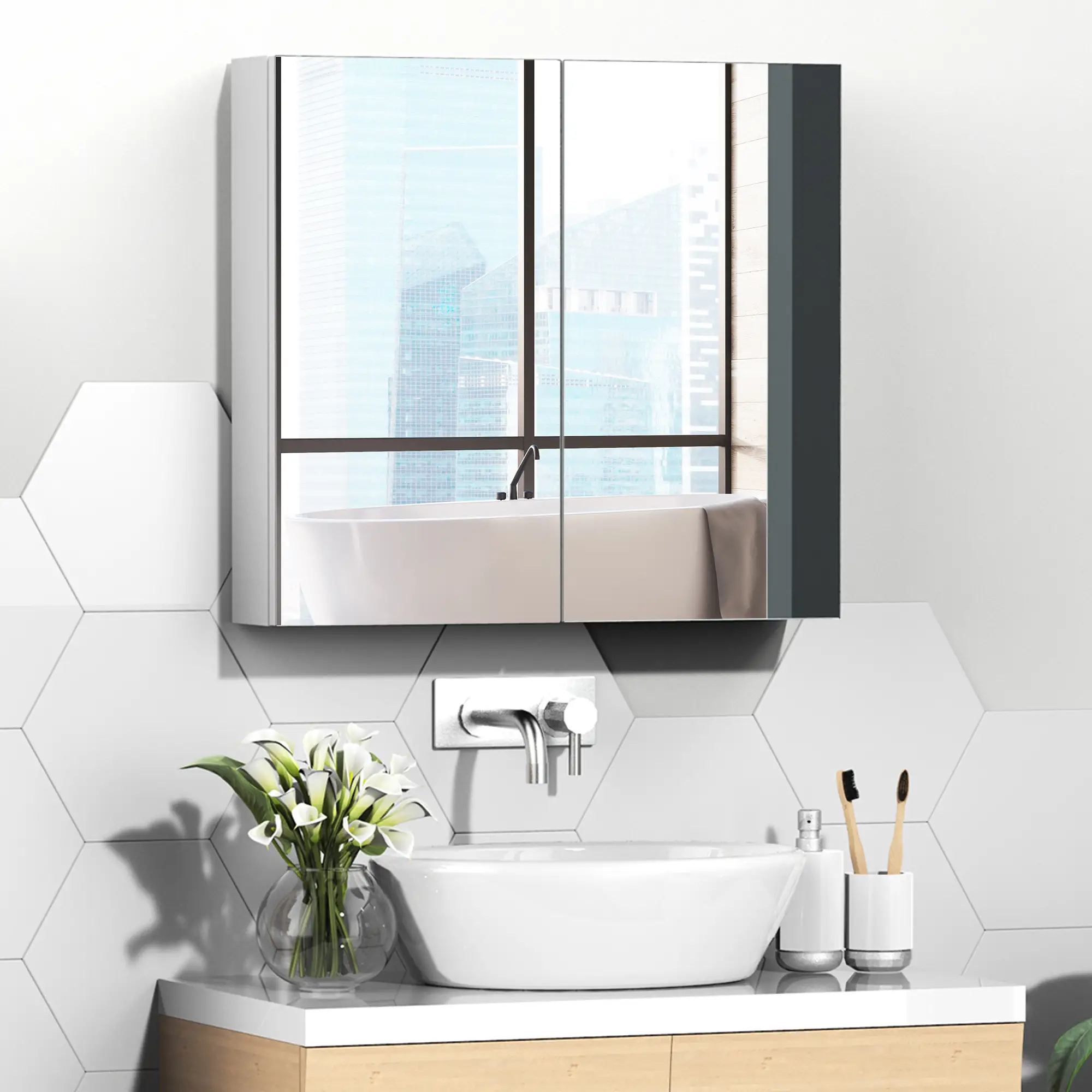 Wall Mounted Mirror Cabinet, Bathroom Medicine, 2 Doors, 3-Tier Shelving, White - Image 8