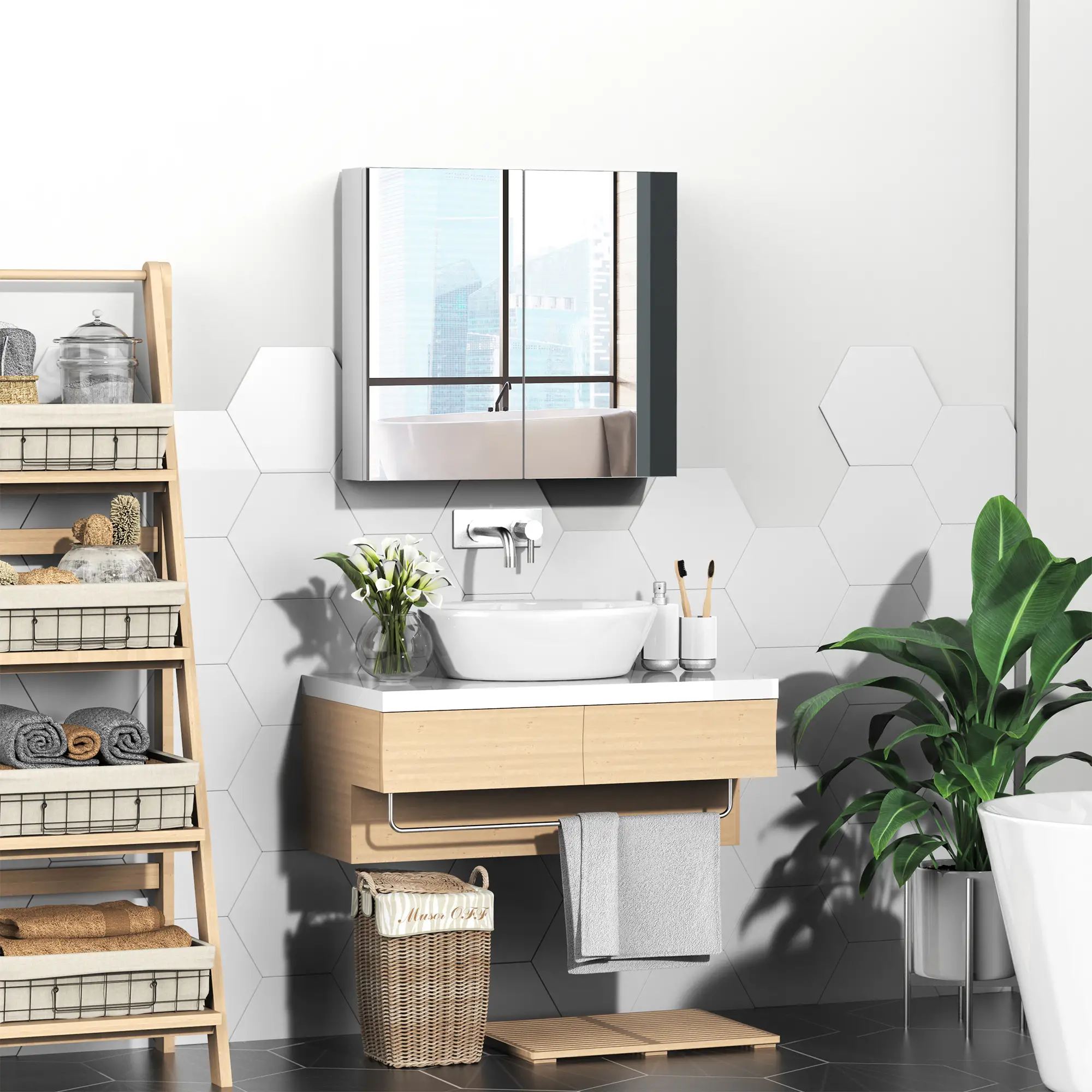 Wall Mounted Mirror Cabinet, Bathroom Medicine, 2 Doors, 3-Tier Shelving, White - Image 9