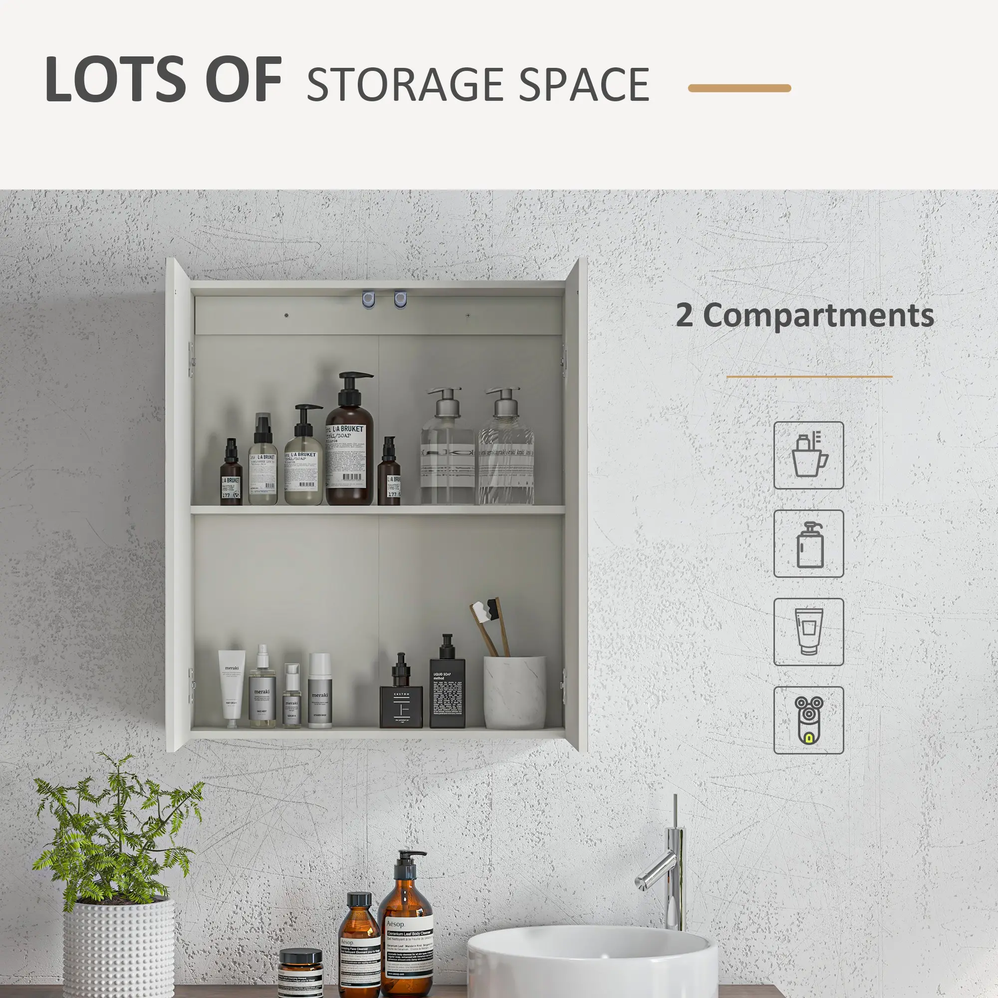 Wall Mounted Mirror Cabinet, Bathroom Medicine, 2 Doors, Adjustable Shelf - Image 4