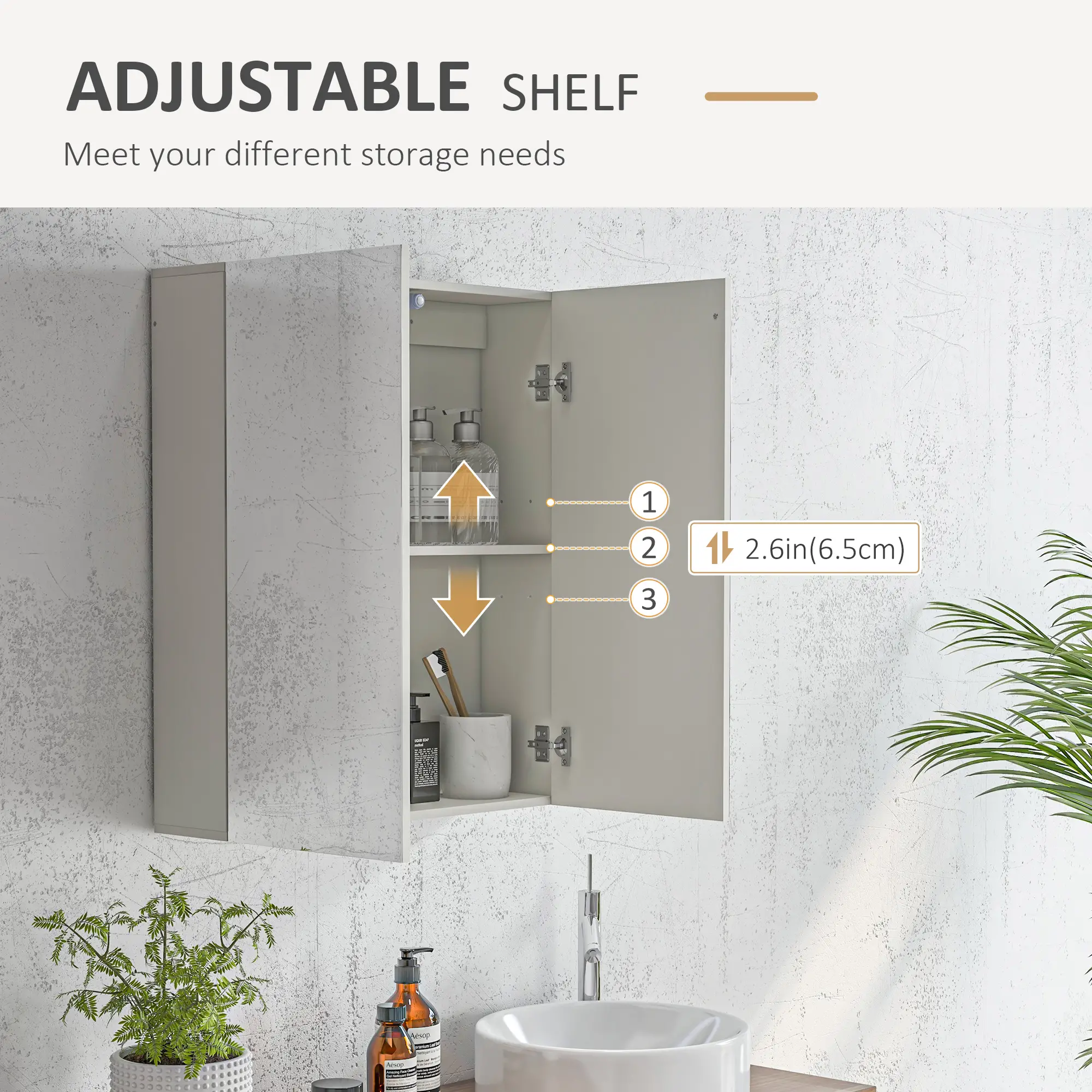Wall Mounted Mirror Cabinet, Bathroom Medicine, 2 Doors, Adjustable Shelf - Image 5