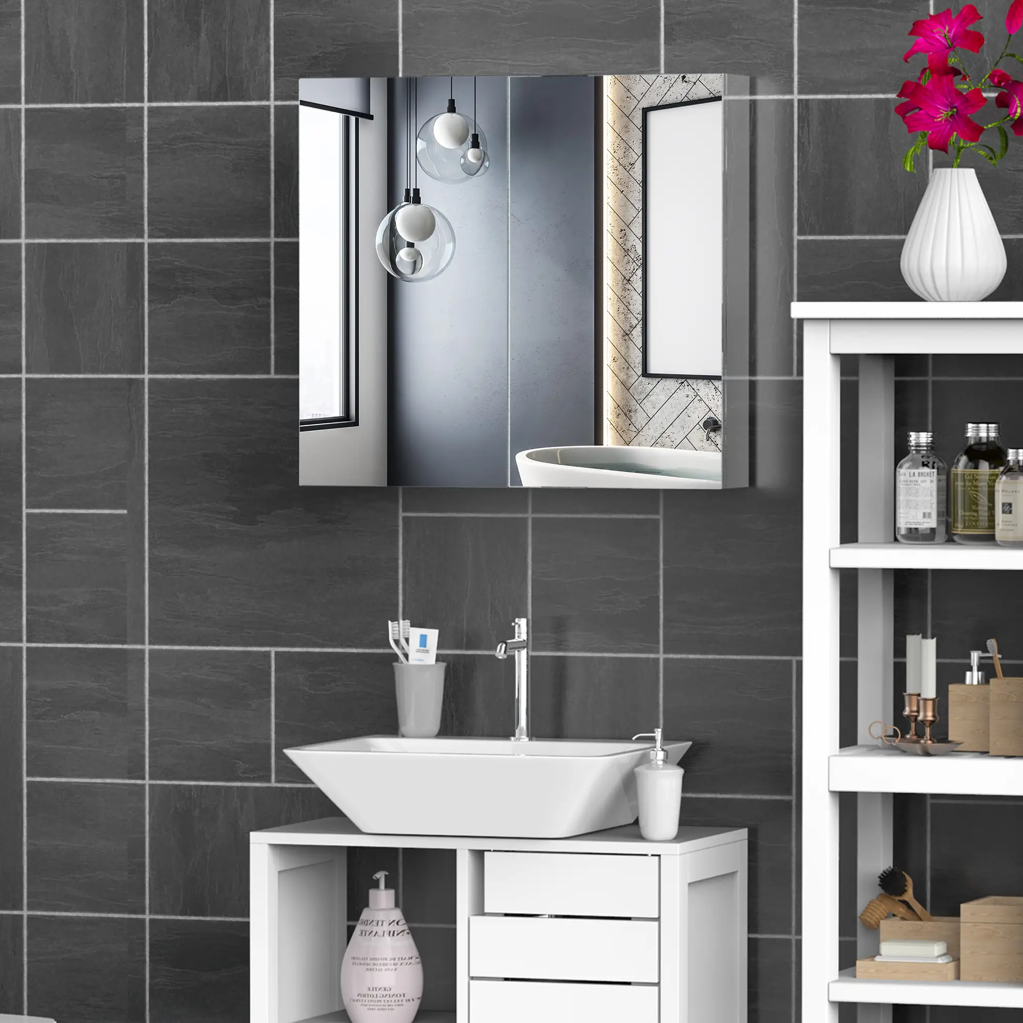 Wall Mounted Mirror Cabinet, Bathroom Medicine Cabinet, 2 Doors, 3-Tier Shelving, Silver - Image 10