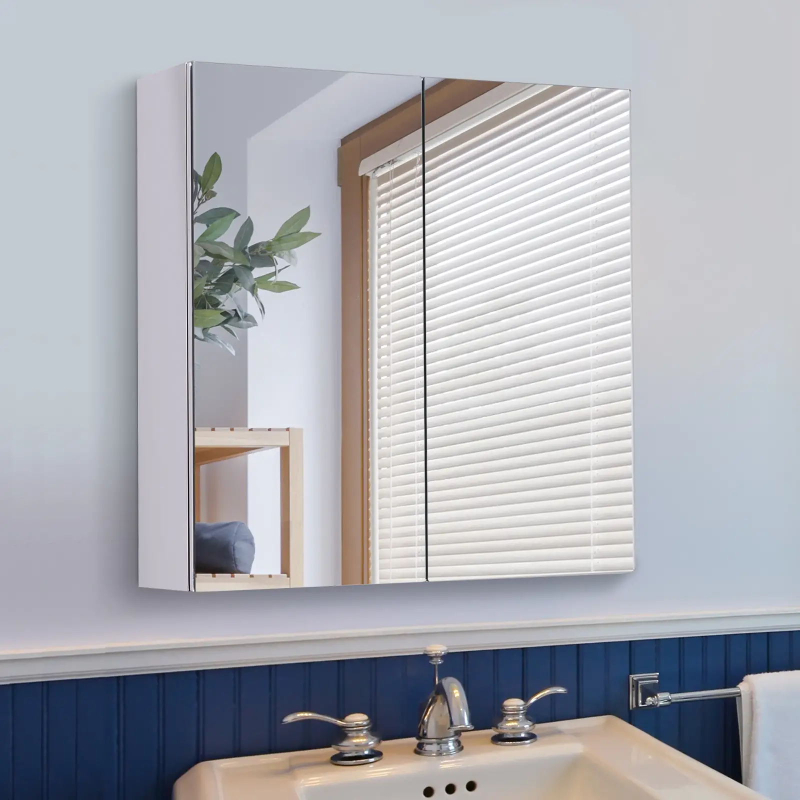 Wall Mounted Mirror Cabinet, Bathroom Medicine Cabinet, 2 Doors, 3-Tier Shelving, Silver - Image 2