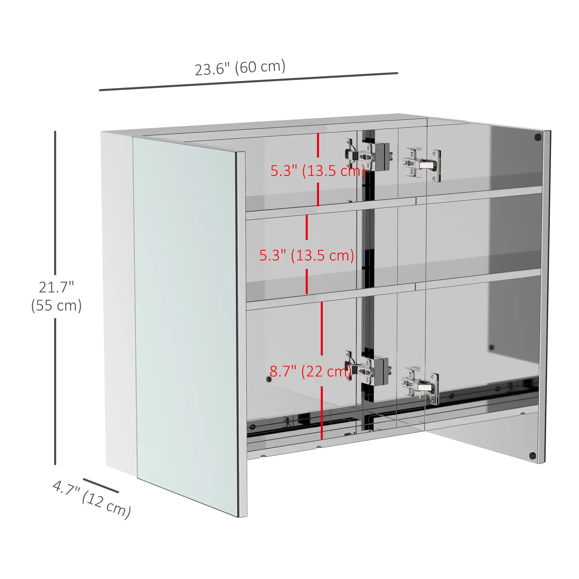 Wall Mounted Mirror Cabinet, Bathroom Medicine Cabinet, 2 Doors, 3-Tier Shelving, Silver - Image 3