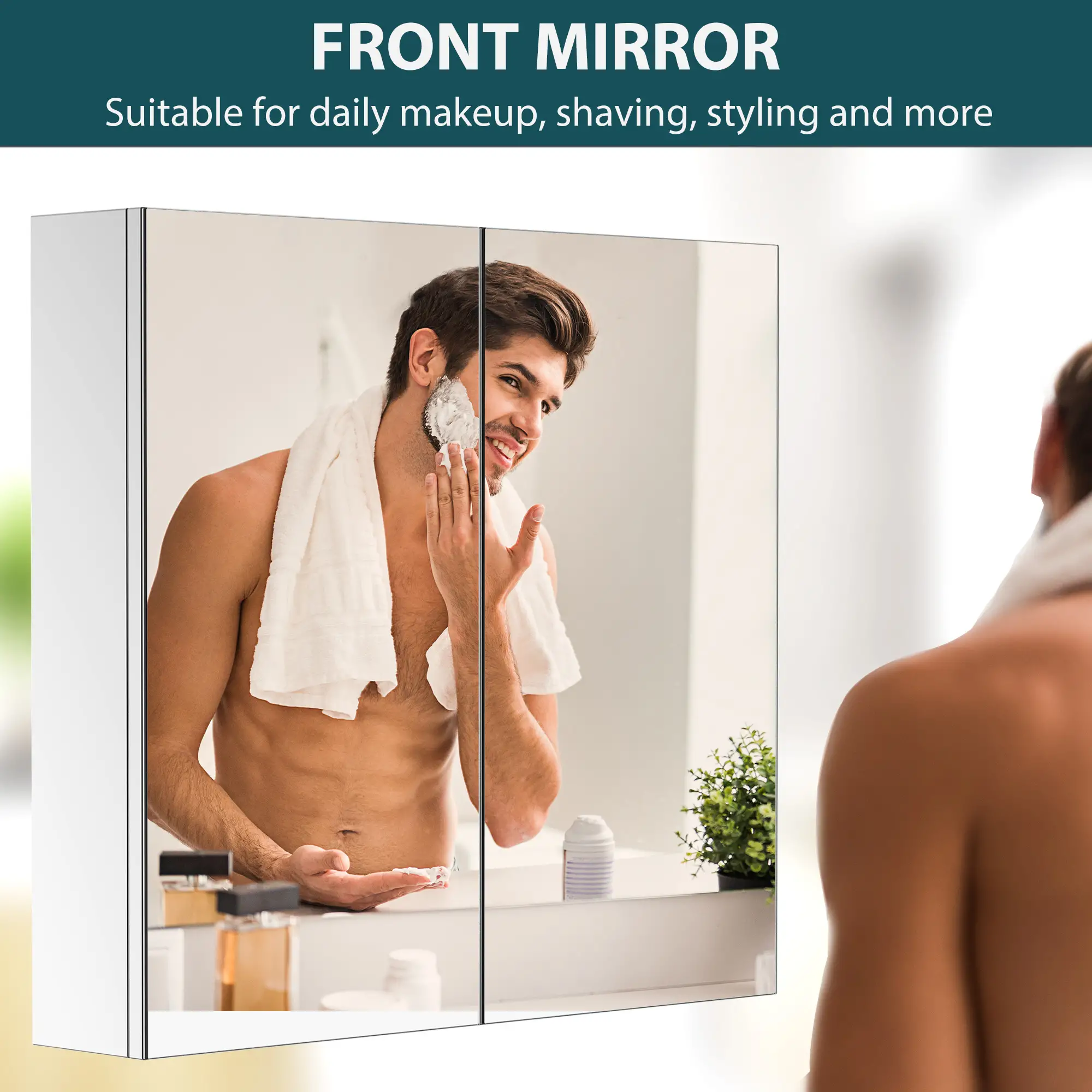 Wall Mounted Mirror Cabinet, Bathroom Medicine Cabinet, 2 Doors, 3-Tier Shelving, Silver - Image 4