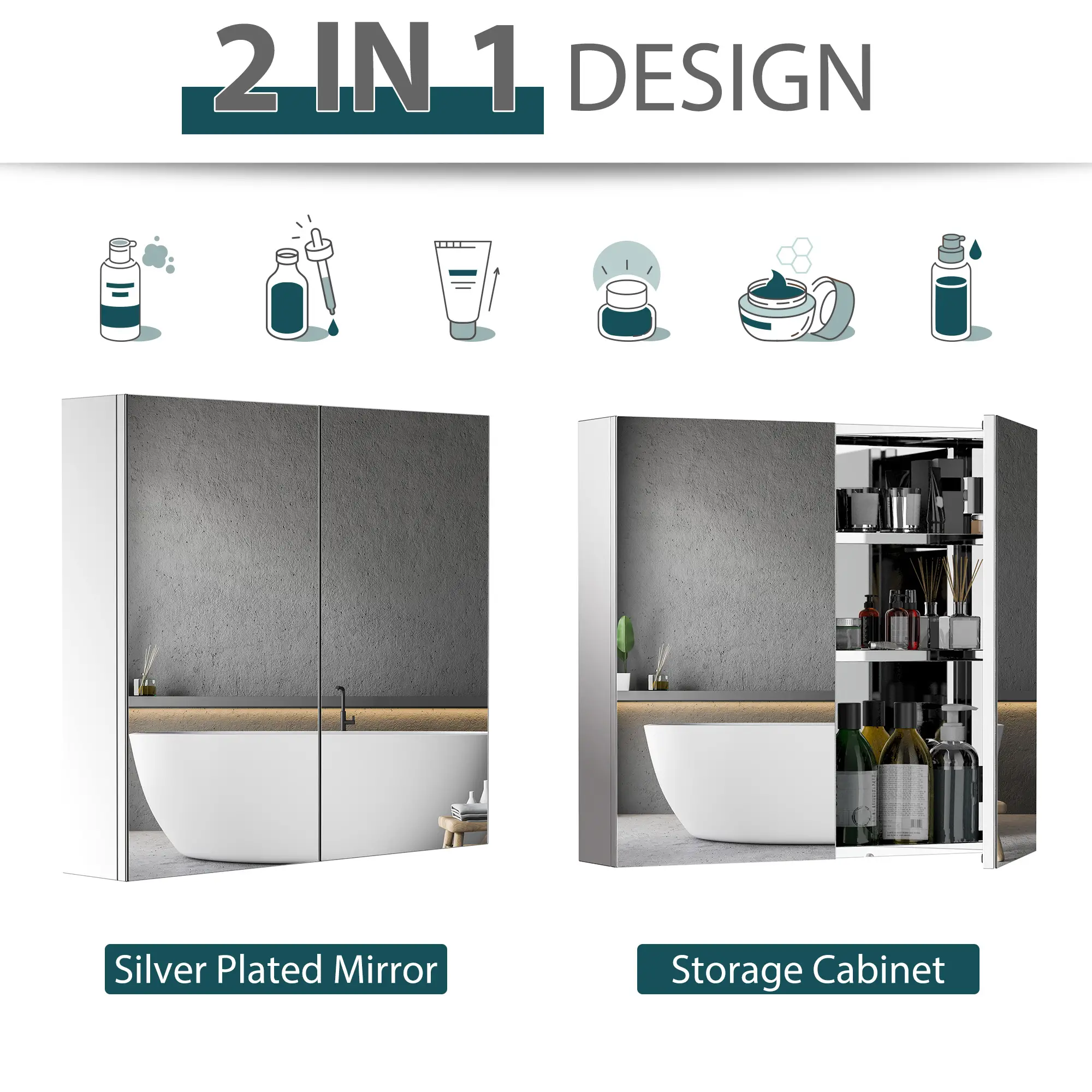 Wall Mounted Mirror Cabinet, Bathroom Medicine Cabinet, 2 Doors, 3-Tier Shelving, Silver - Image 5