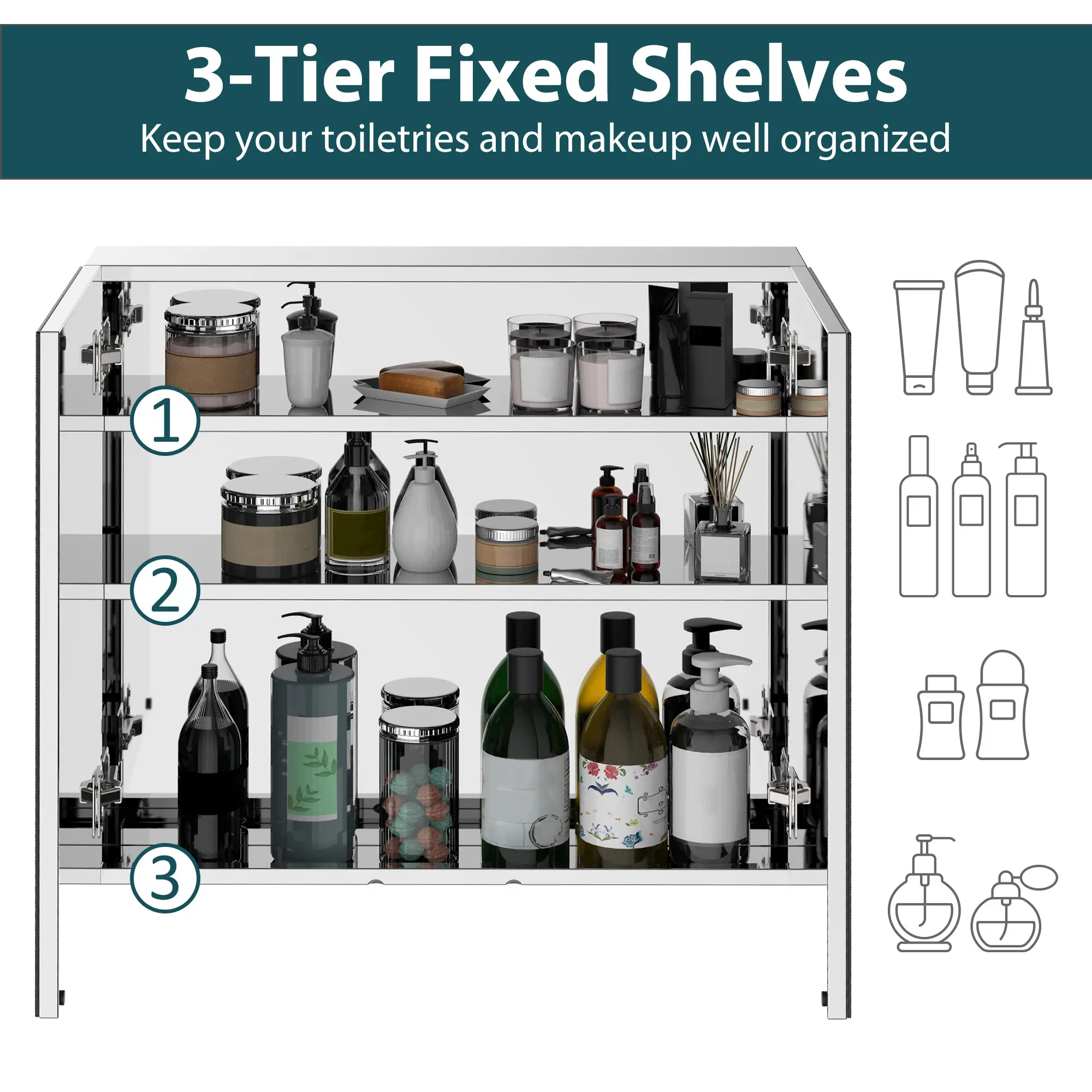 Wall Mounted Mirror Cabinet, Bathroom Medicine Cabinet, 2 Doors, 3-Tier Shelving, Silver - Image 6