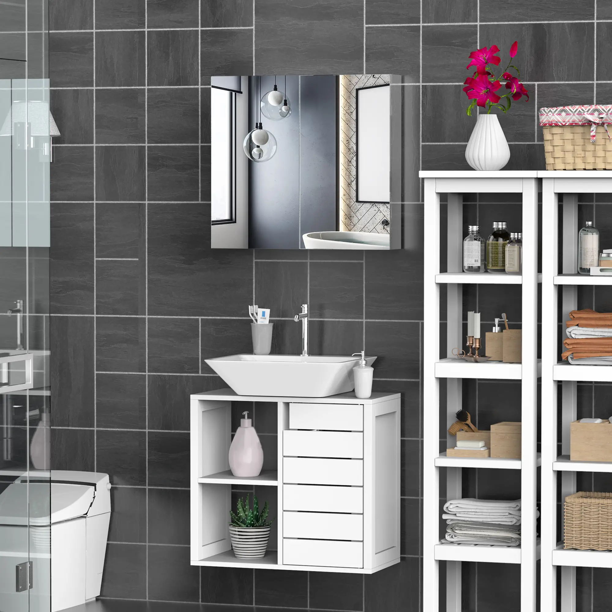 Wall Mounted Mirror Cabinet, Bathroom Medicine Cabinet, 2 Doors, 3-Tier Shelving, Silver - Image 7