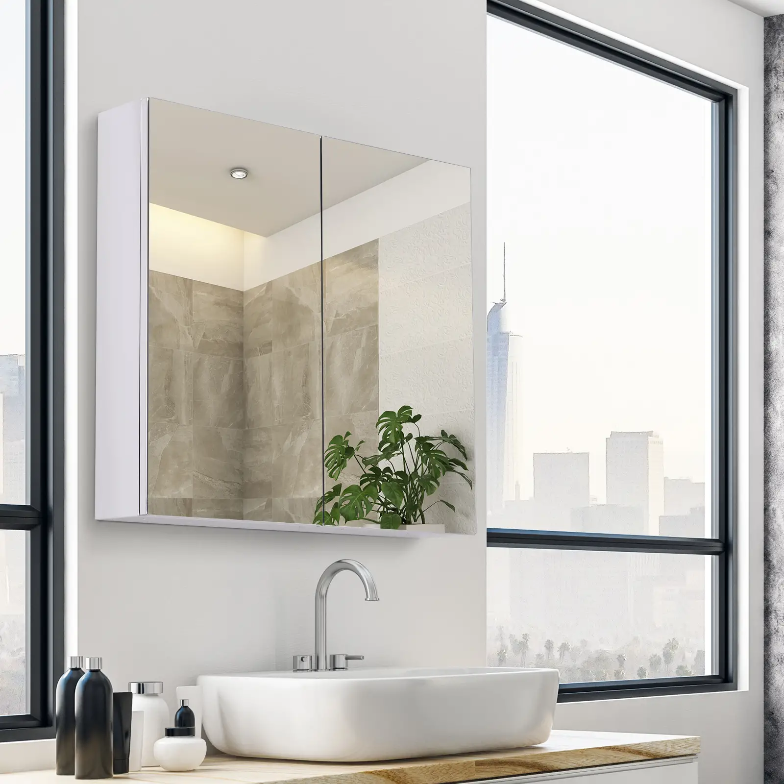 Wall Mounted Mirror Cabinet, Bathroom Medicine Cabinet, 2 Doors, 3-Tier Shelving, Silver - Image 8