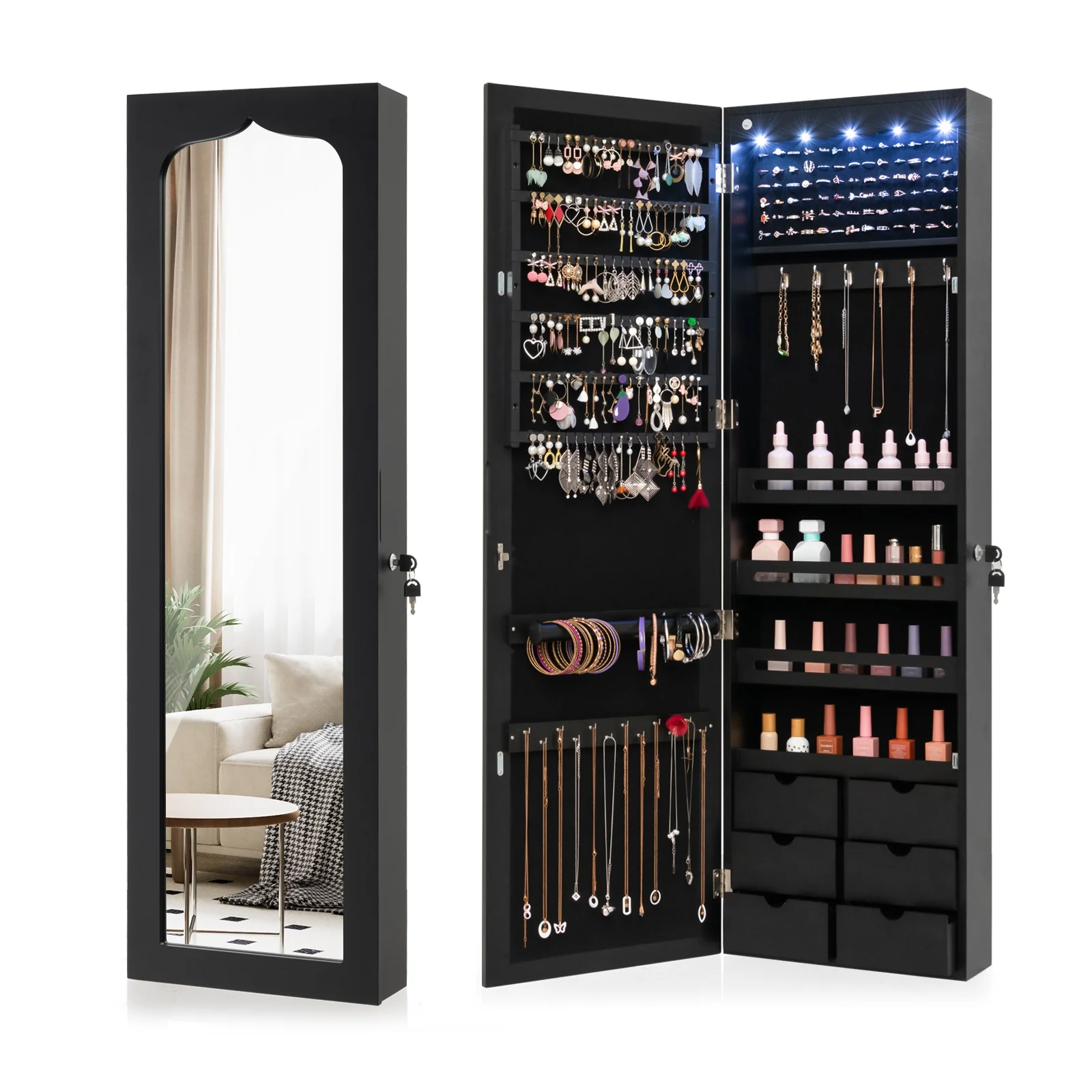 Wall Mounted Mirror Jewelry Armoire, Lockable, 5 LEDs, 6 Drawers, Black - Image 4