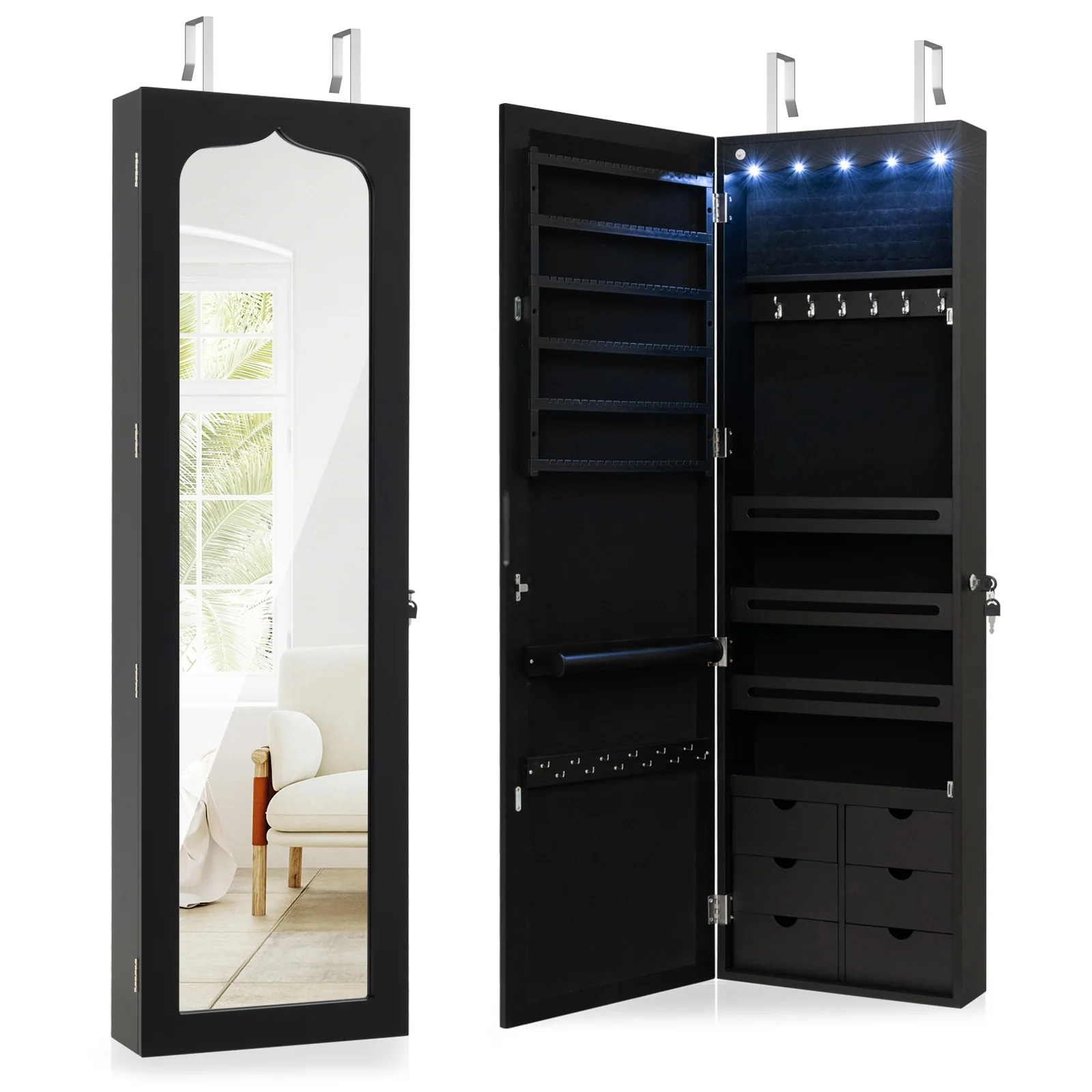 Wall Mounted Mirror Jewelry Armoire, Lockable, 5 LEDs, 6 Drawers, Black - Image 5