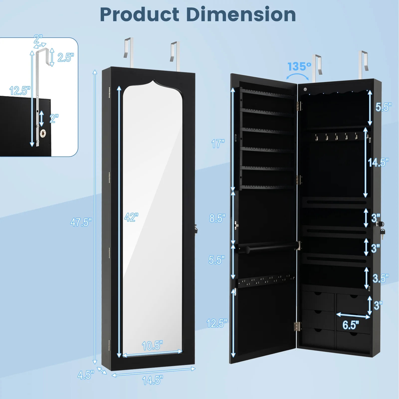 Wall Mounted Mirror Jewelry Armoire, Lockable, 5 LEDs, 6 Drawers, Black - Image 6