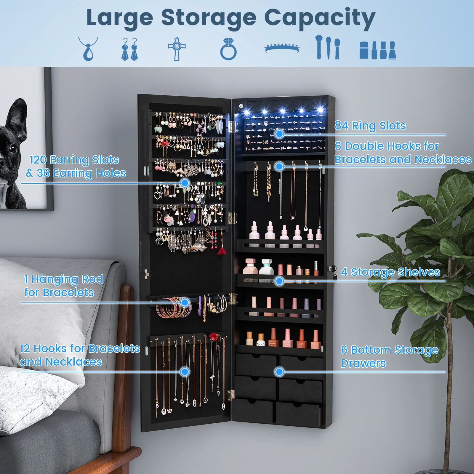 Wall Mounted Mirror Jewelry Armoire, Lockable, 5 LEDs, 6 Drawers, Black - Image 9
