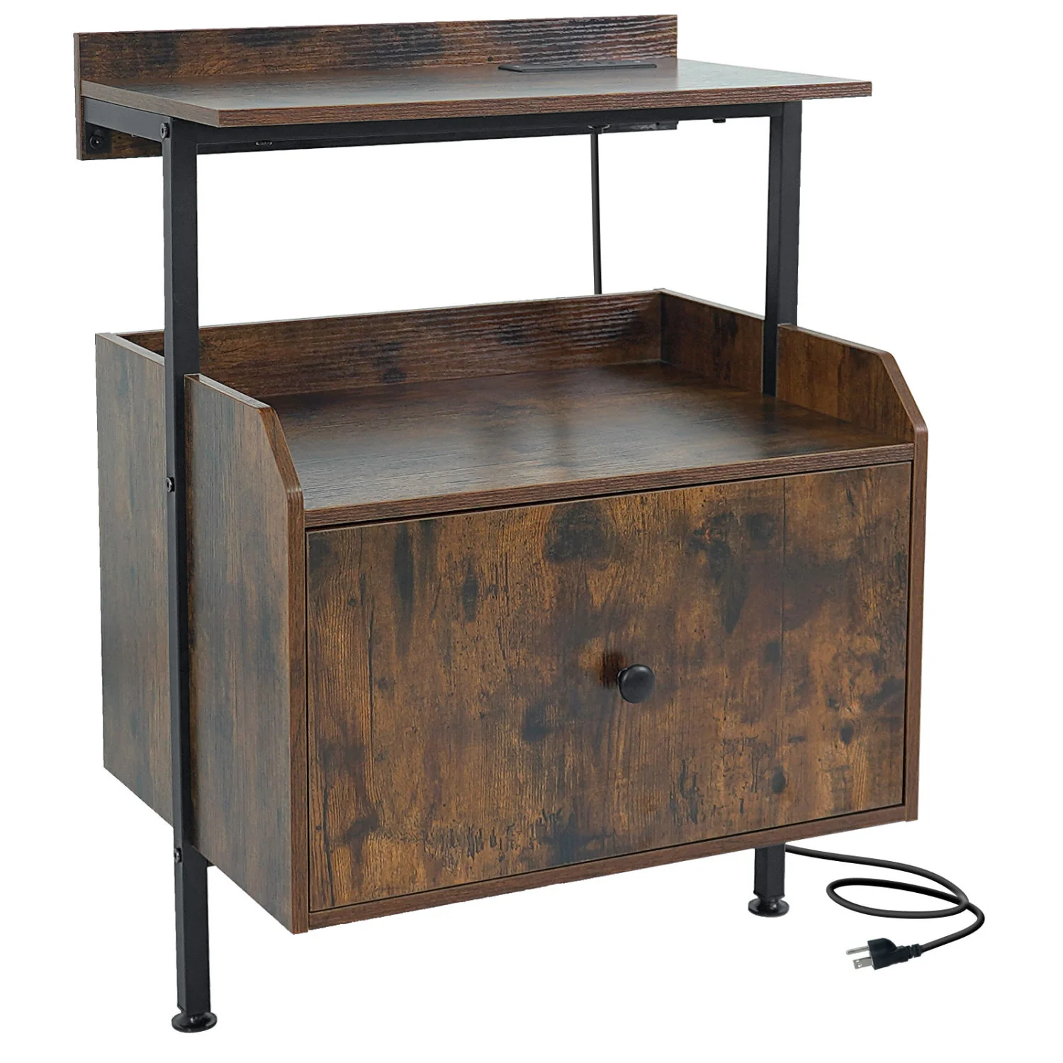 Wall-Mounted Nightstand, LED Lights, Charging Station, Rustic Brown